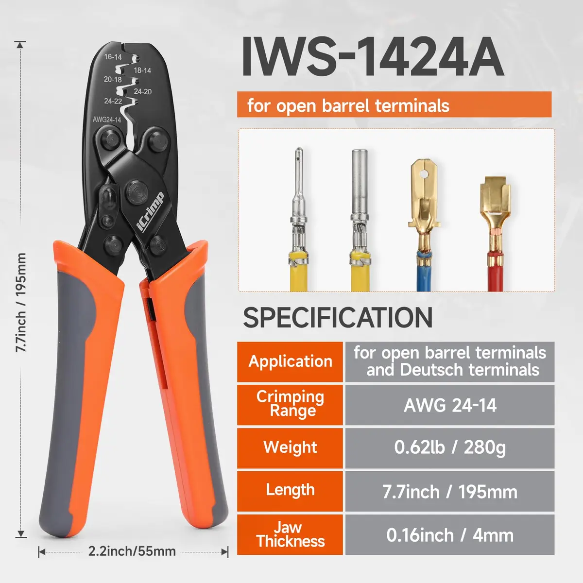 IWISS IWS-1424A Non Insulated Open Barrel Terminal Crimper AWG24-14 | Ergonomic Rubber Handle, 280g, Orange - view 2