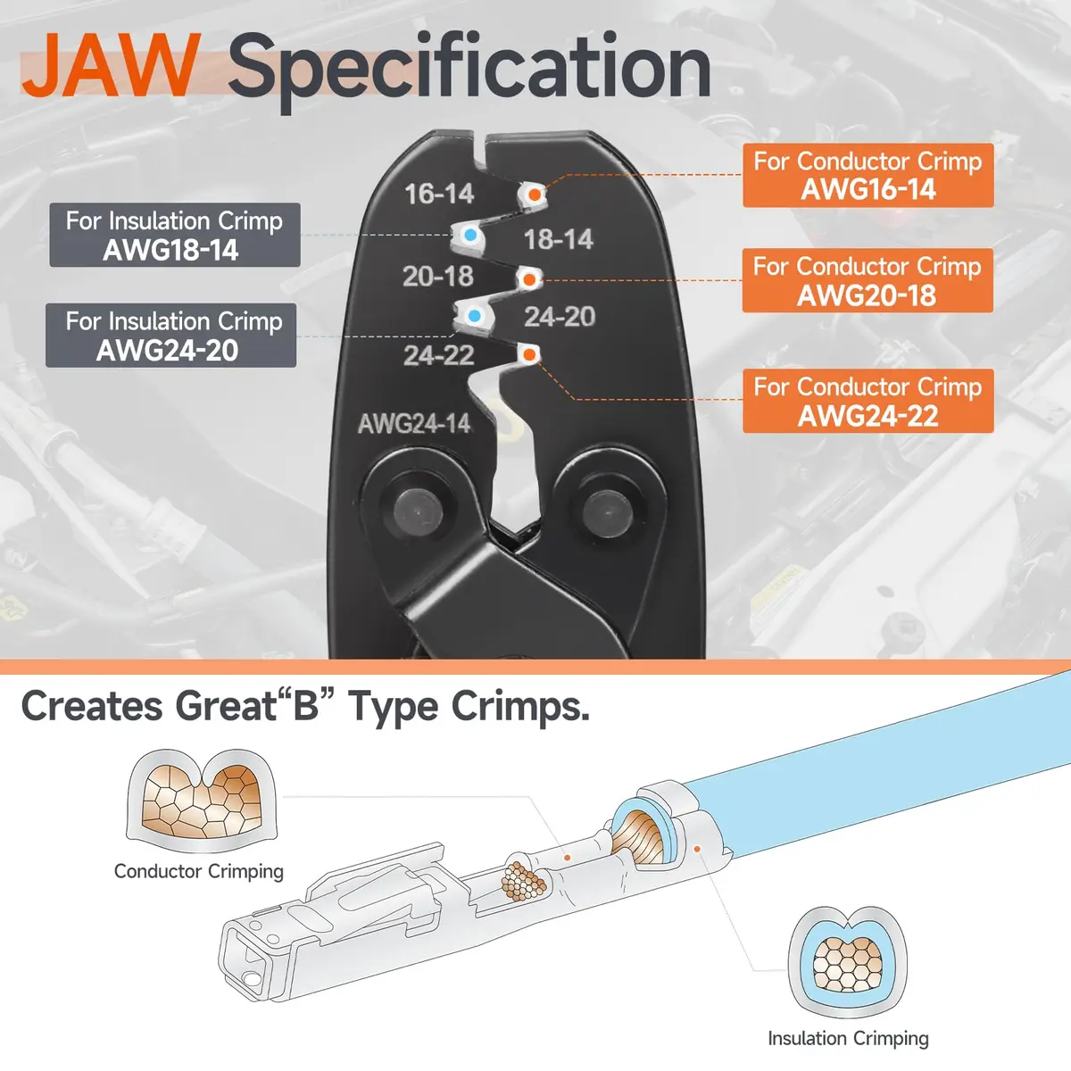 IWISS IWS-1424A Non Insulated Open Barrel Terminal Crimper AWG24-14 | Ergonomic Rubber Handle, 280g, Orange - view 4