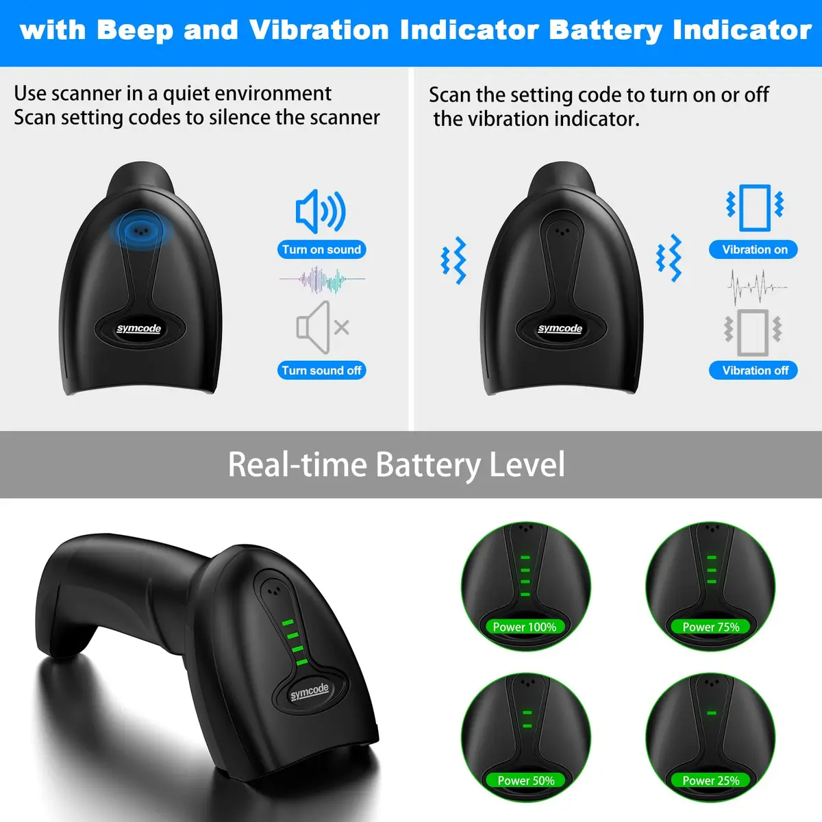 Symcode Bluetooth Wireless Barcode Scanner with Auto-Sensing Stand & 2D QR Reader | 280g (9.88 oz) - view 4