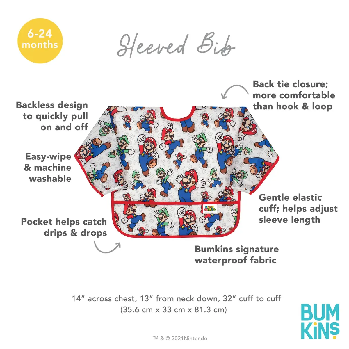 Bumkins Sleeved Bib Mario & Luigi 6-24 Months | Waterproof Fabric Feeding Smock - view 5