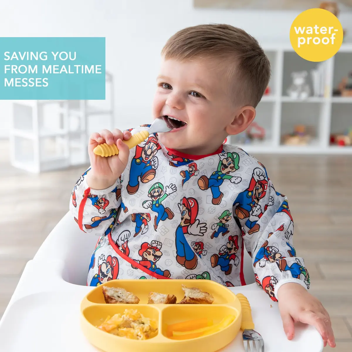Bumkins Sleeved Bib Mario & Luigi 6-24 Months | Waterproof Fabric Feeding Smock - view 2