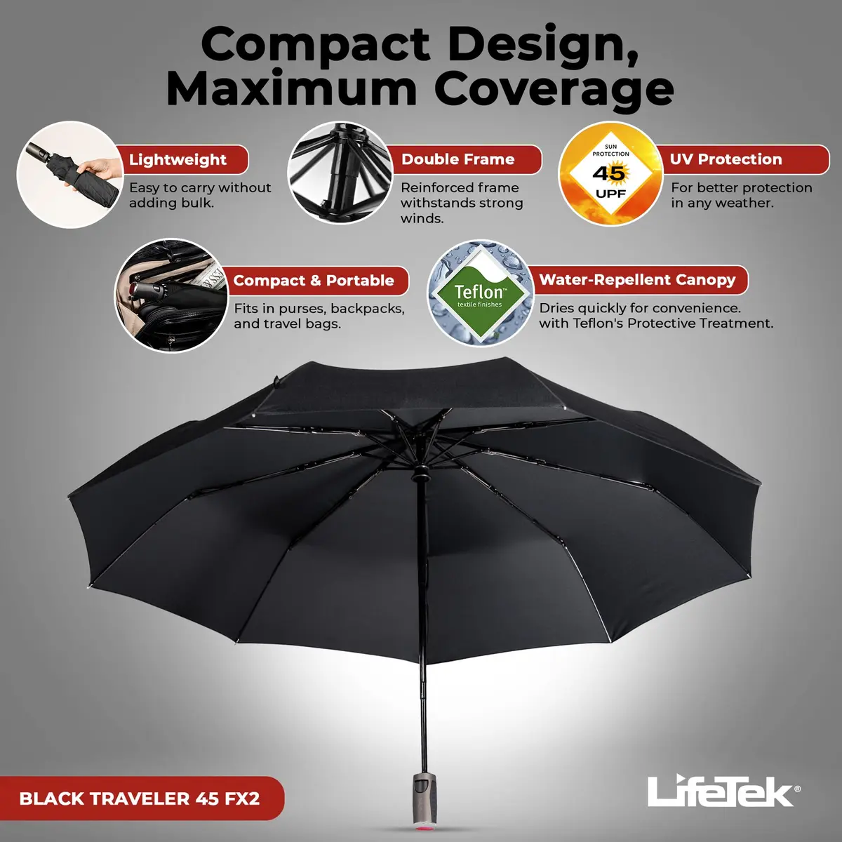 LifeTek Traveler 45 FX2 Windproof Travel Umbrella | Automatic Open Compact UV Protection (70-120 chars) - view 2
