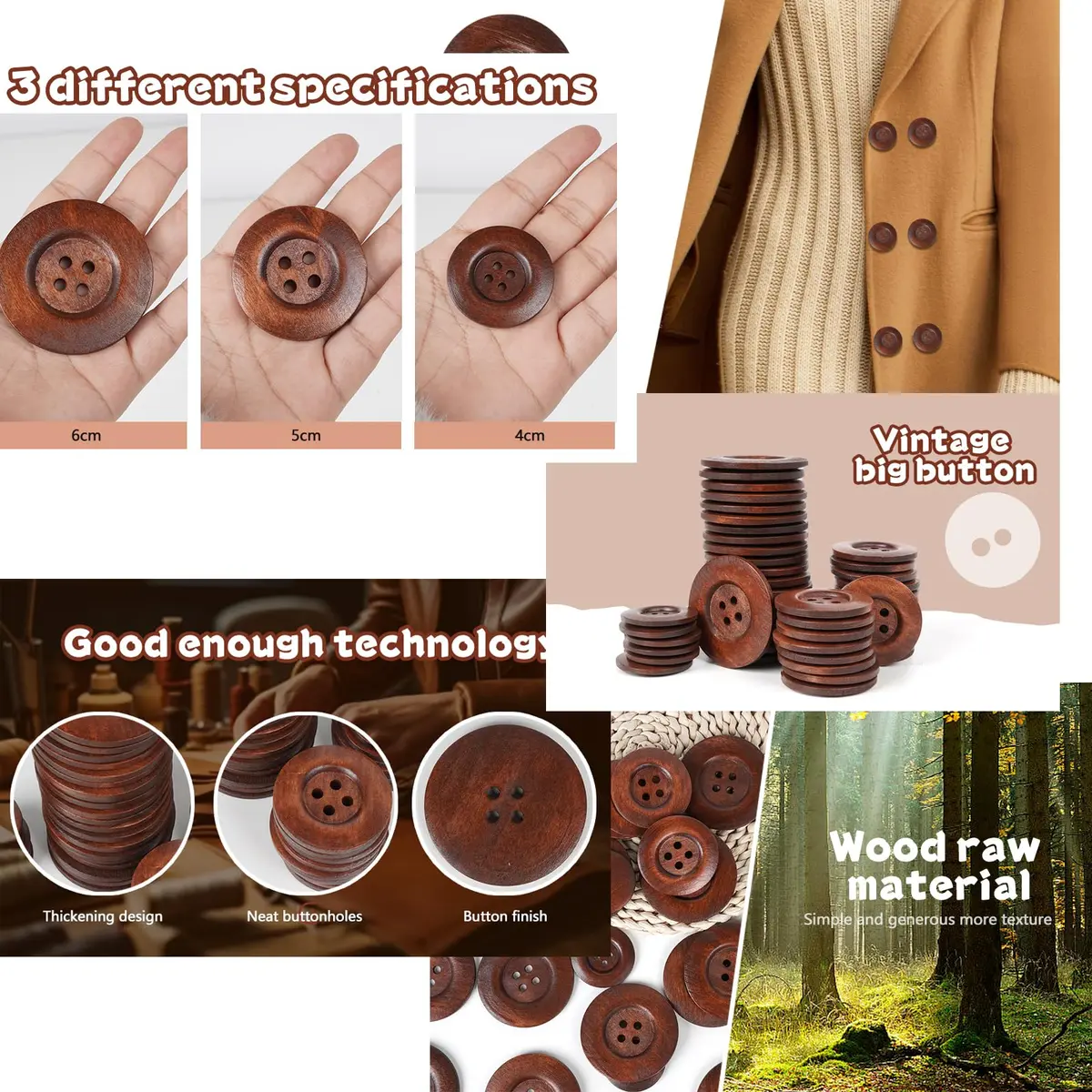Chenkou Craft Large Size 60MM Round Wood Buttons 20pcs | Brown 4-Hole Sewing Buttons for Crafts - view 5
