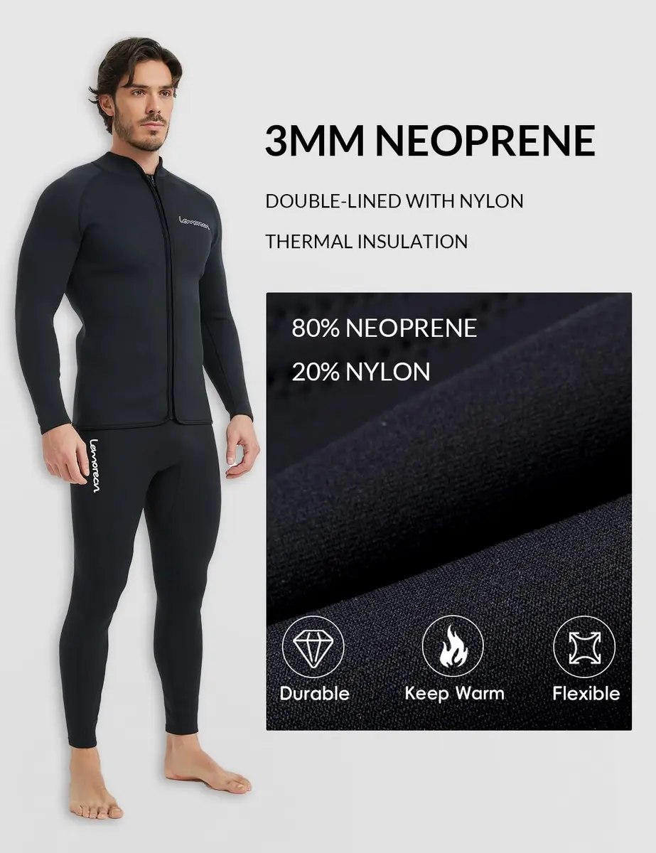 Lemorecn Men's 3mm Neoprene Wetsuit Jacket Long Sleeve with YKK Front Zipper | Thermal Layering for Water Sports - view 2