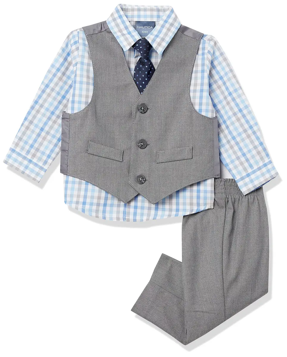 Nautica Dressy Vest Set, Light Grey/Blue Check | 24M, Cotton Blend, Formal Baby Suit - main product image