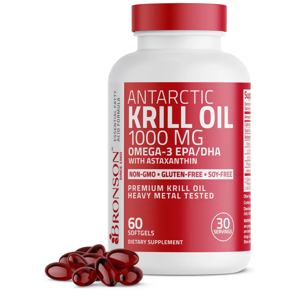 Bronson Antarctic Krill Oil 1000 mg with Omega-3s, 60 Softgels | Pure Antarctic Krill Oil with EPA, DHA & Astaxanthin - main product image