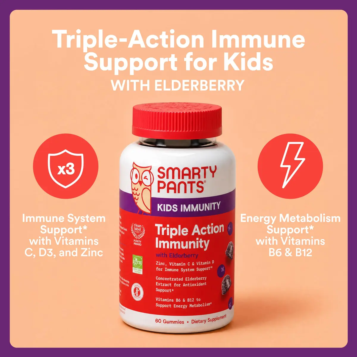 SmartyPants Kids Immunity Elderberry Gummies 60 Count | Support Kids' Immune Health with Elderberry & Vitamins - view 2