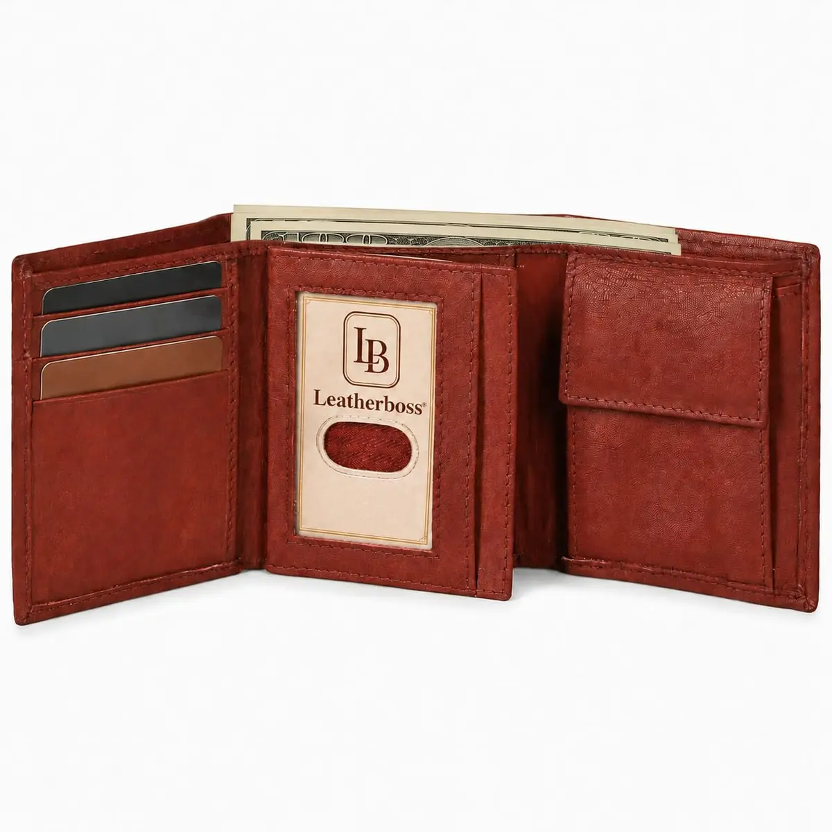 LB LEATHERBOSS Genuine Leather Trifold Wallet for Men & Women | Slim Compact Brown (10.6cm x 8.6cm x 3.5cm) - view 5