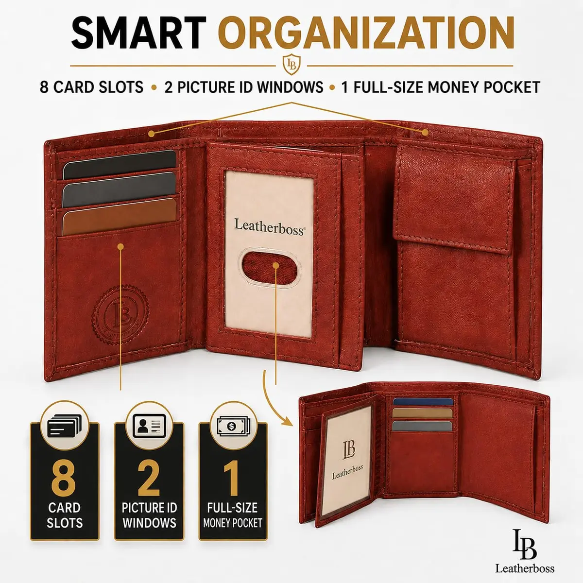 LB LEATHERBOSS Genuine Leather Trifold Wallet for Men & Women | Slim Compact Brown (10.6cm x 8.6cm x 3.5cm) - view 4