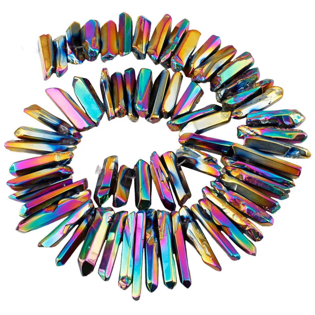 SUNYIK Rainbow Aura Titanium Coated Crystal Points Quartz Polished Sticks 15 inch Strand | Chakra Healing Gem Beads - main product image