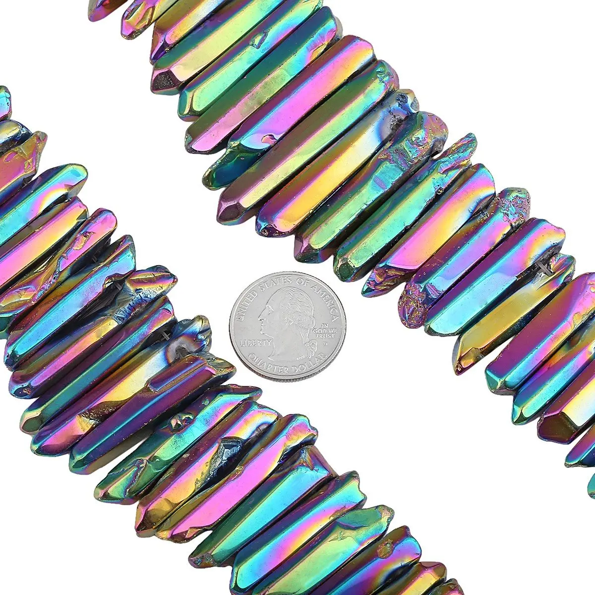 SUNYIK Rainbow Aura Titanium Coated Crystal Points Quartz Polished Sticks 15 inch Strand | Chakra Healing Gem Beads - view 4