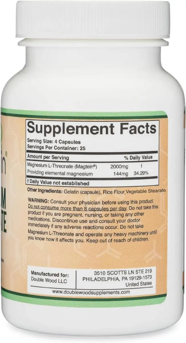 Double Wood Supplements Magnesium L-Threonate 2,000mg Capsules | 120 Count (2.8 oz / 0.1 kg) - view 6