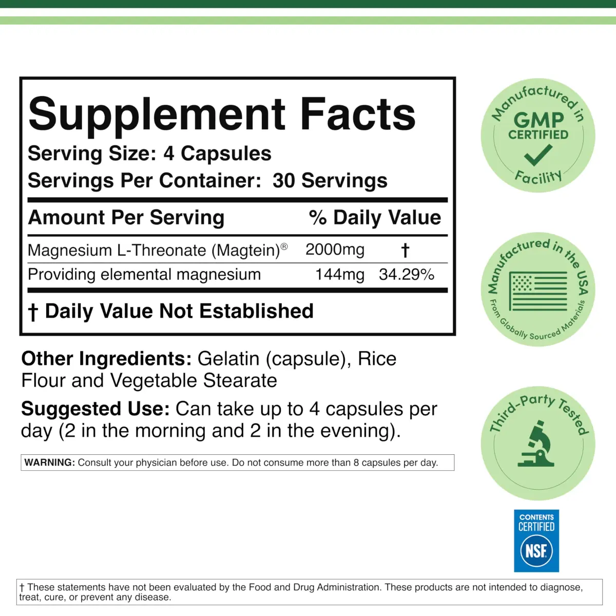 Double Wood Supplements Magnesium L-Threonate 2,000mg Capsules | 120 Count (2.8 oz / 0.1 kg) - view 2