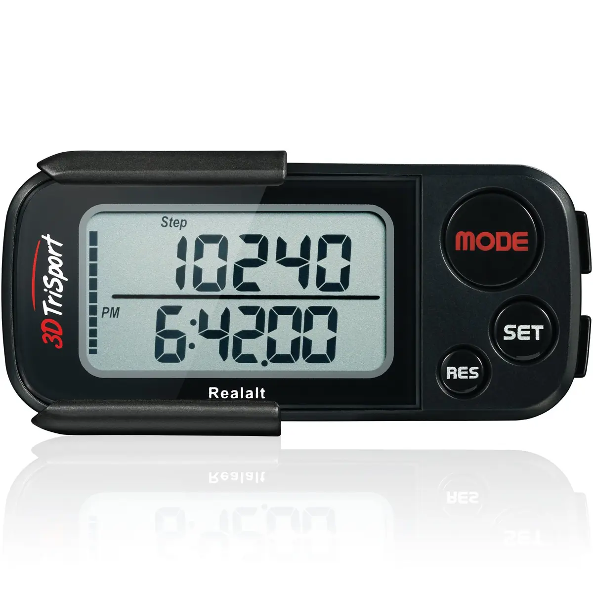 Realalt 3DTriSport Pedometer with Clip & Strap, Accurate Step Counter 7.62 cm (3 in) | Tracks Steps, Distance, Calories, Fat Burned - main product image