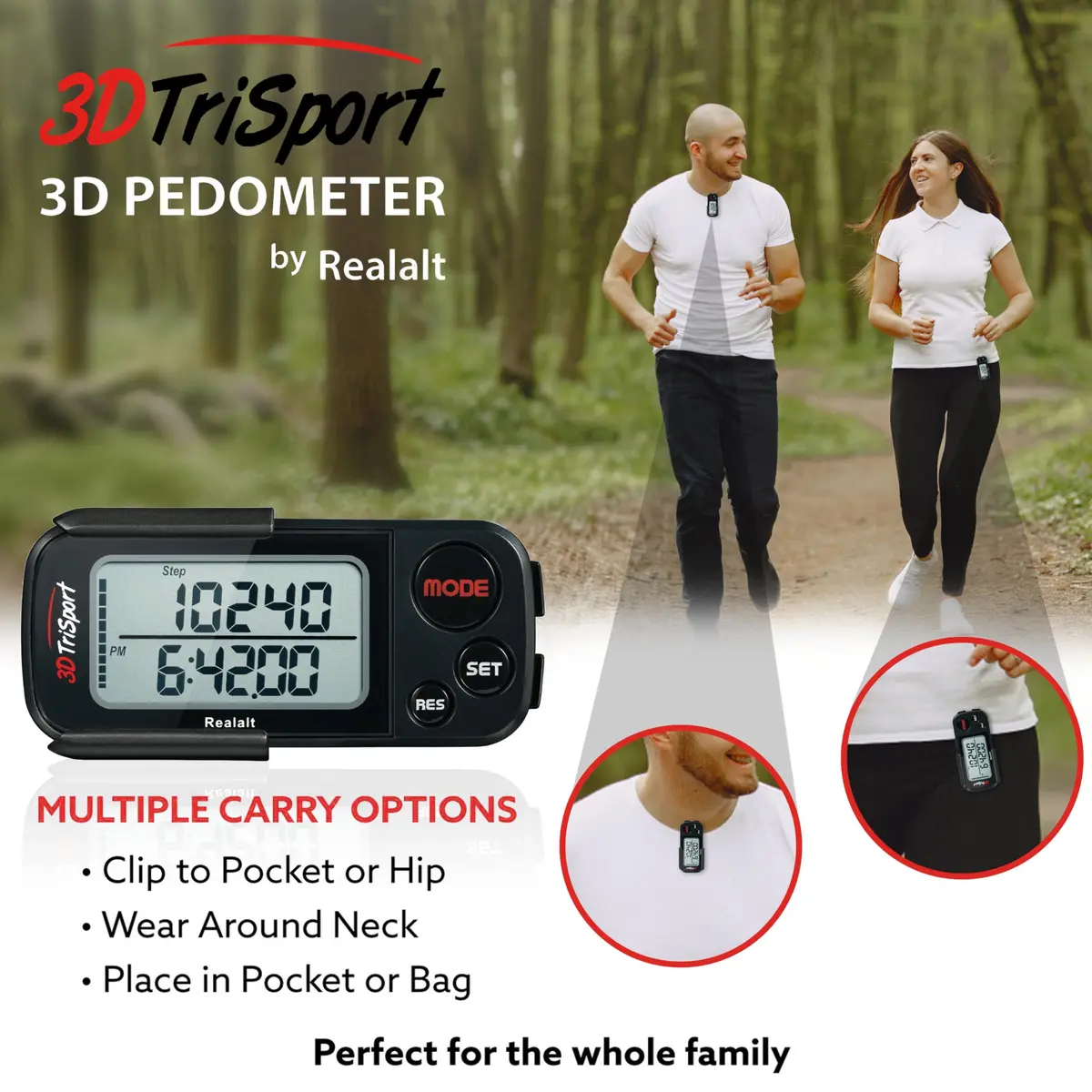 Realalt 3DTriSport Pedometer with Clip & Strap, Accurate Step Counter 7.62 cm (3 in) | Tracks Steps, Distance, Calories, Fat Burned - view 5