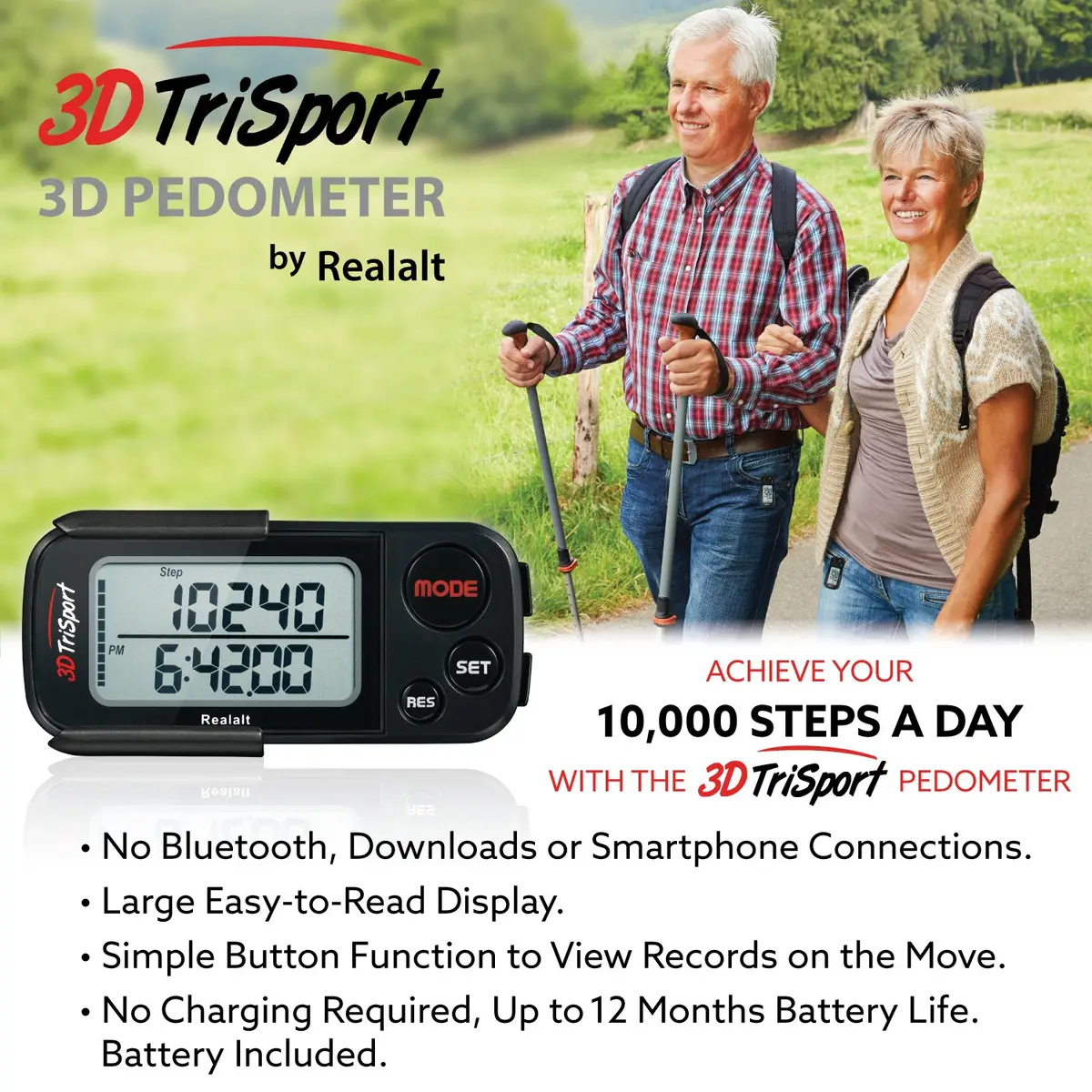 Realalt 3DTriSport Pedometer with Clip & Strap, Accurate Step Counter 7.62 cm (3 in) | Tracks Steps, Distance, Calories, Fat Burned - view 6
