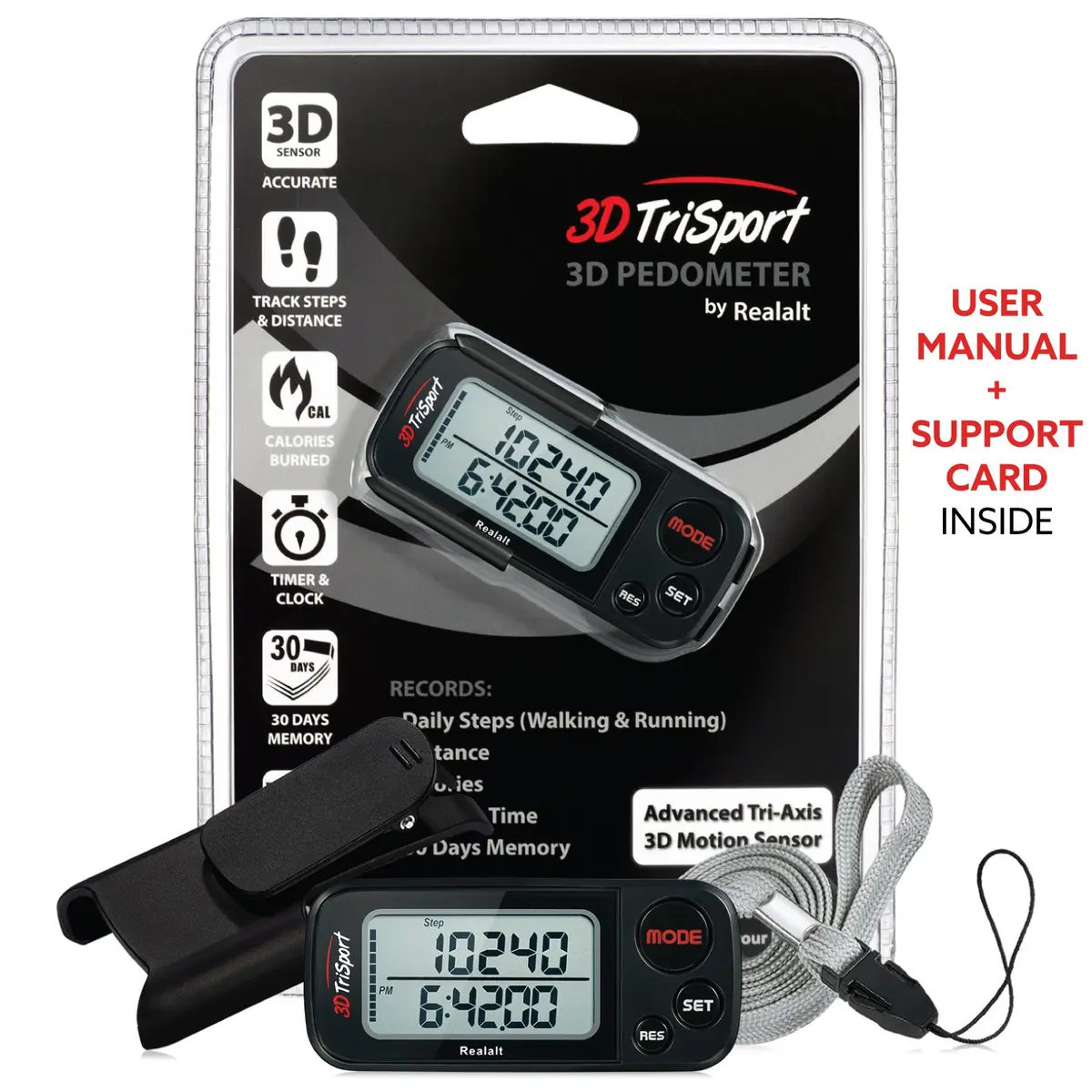 Realalt 3DTriSport Pedometer with Clip & Strap, Accurate Step Counter 7.62 cm (3 in) | Tracks Steps, Distance, Calories, Fat Burned - view 7