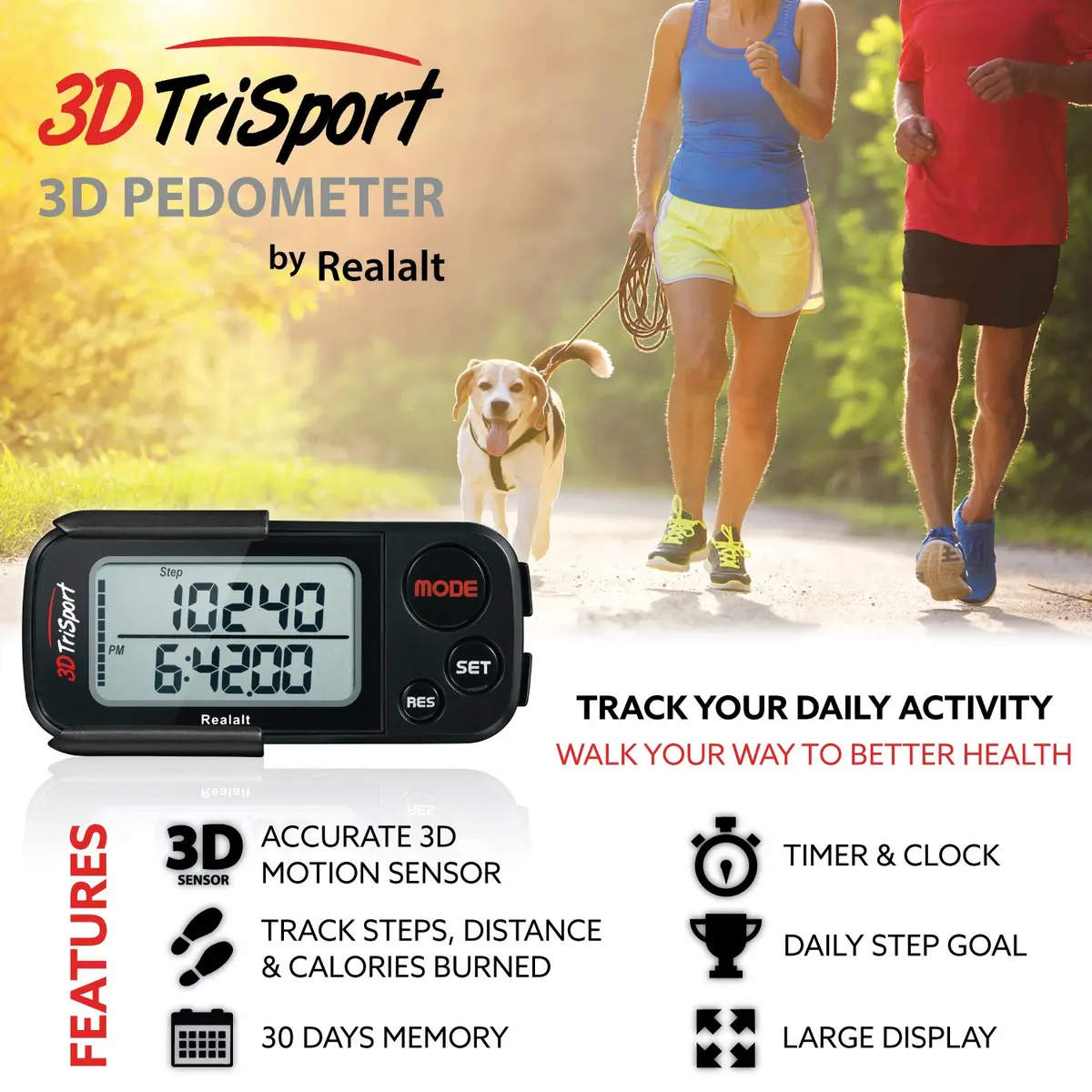 Realalt 3DTriSport Pedometer with Clip & Strap, Accurate Step Counter 7.62 cm (3 in) | Tracks Steps, Distance, Calories, Fat Burned - view 2
