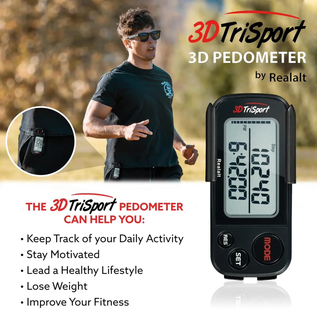 Realalt 3DTriSport Pedometer with Clip & Strap, Accurate Step Counter 7.62 cm (3 in) | Tracks Steps, Distance, Calories, Fat Burned - view 3