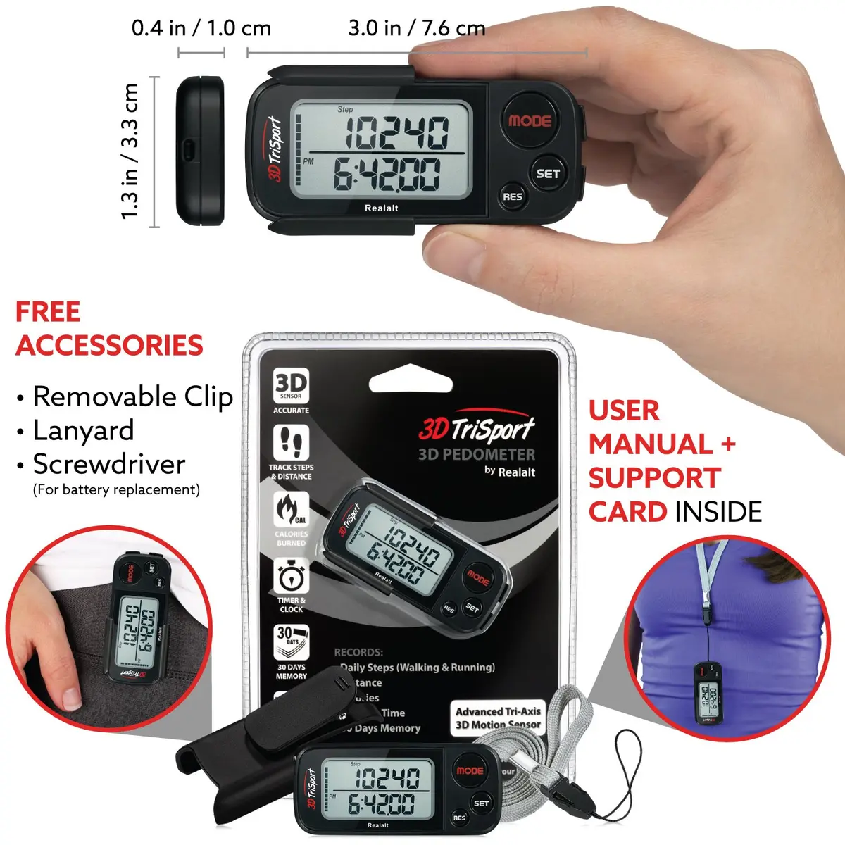 Realalt 3DTriSport Pedometer with Clip & Strap, Accurate Step Counter 7.62 cm (3 in) | Tracks Steps, Distance, Calories, Fat Burned - view 4
