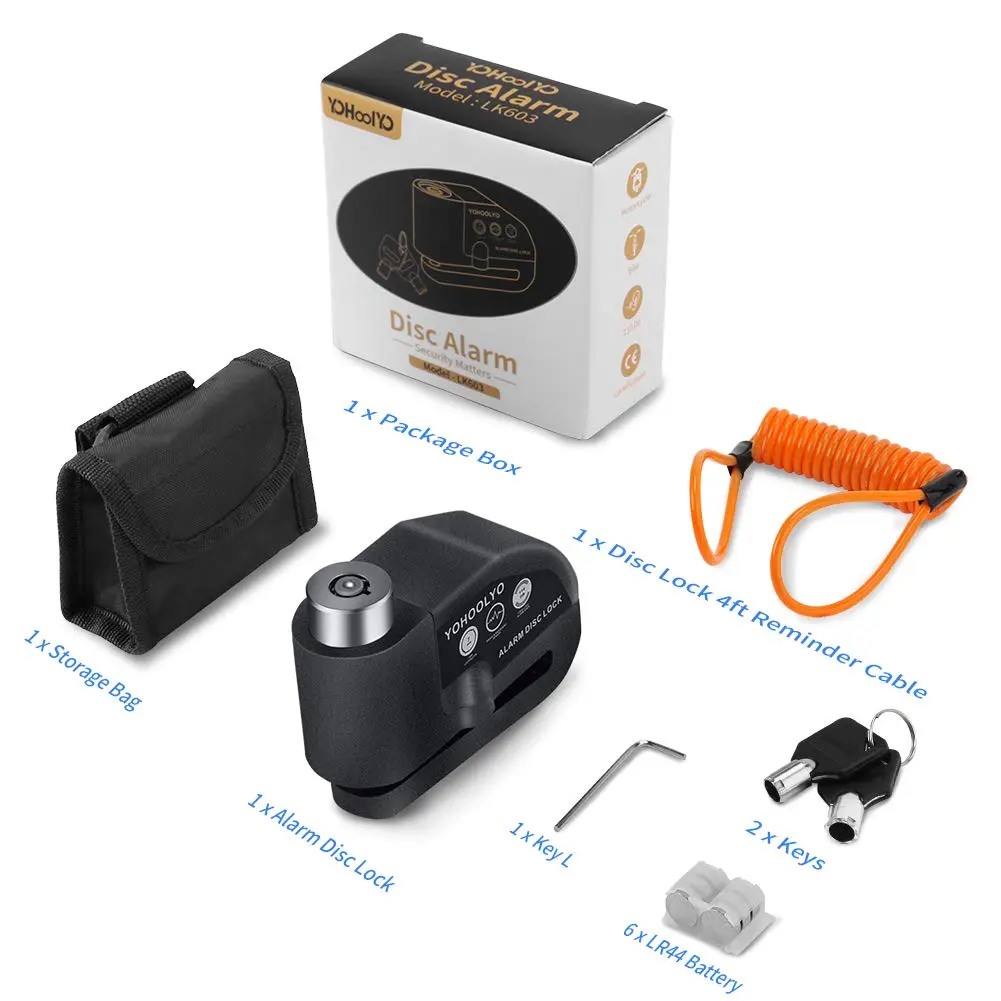 YOHOOLYO Black Alarm Disc Lock for Motorcycles & Scooters | 7mm Pin, 110dB Alarm, 5ft Reminder Cable - view 5