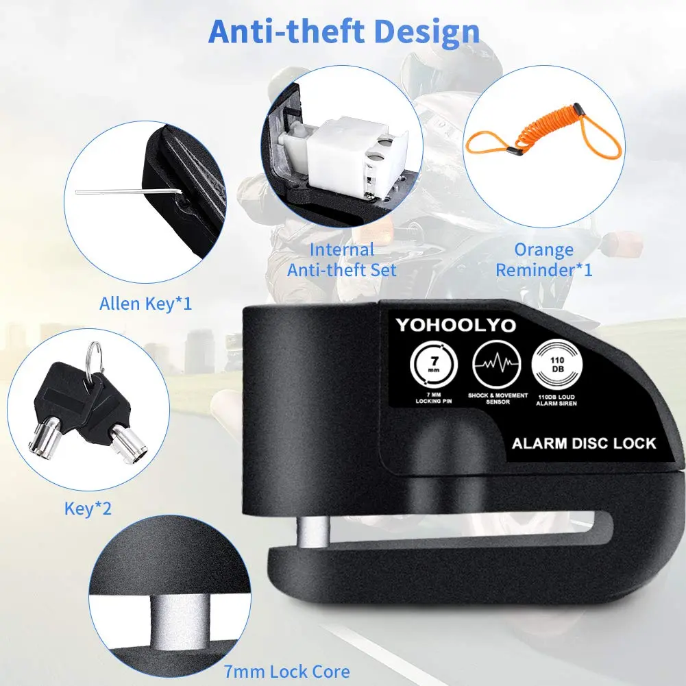 YOHOOLYO Black Alarm Disc Lock for Motorcycles & Scooters | 7mm Pin, 110dB Alarm, 5ft Reminder Cable - view 2