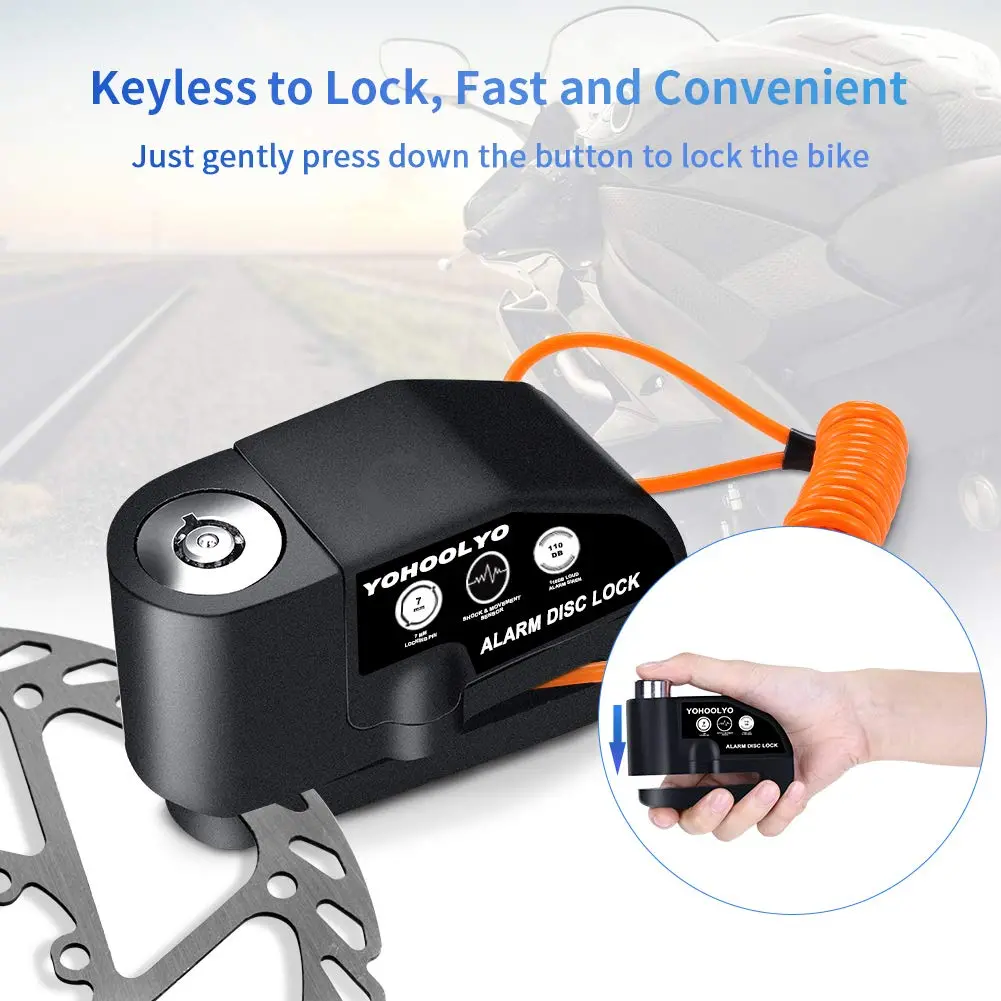 YOHOOLYO Black Alarm Disc Lock for Motorcycles & Scooters | 7mm Pin, 110dB Alarm, 5ft Reminder Cable - view 3