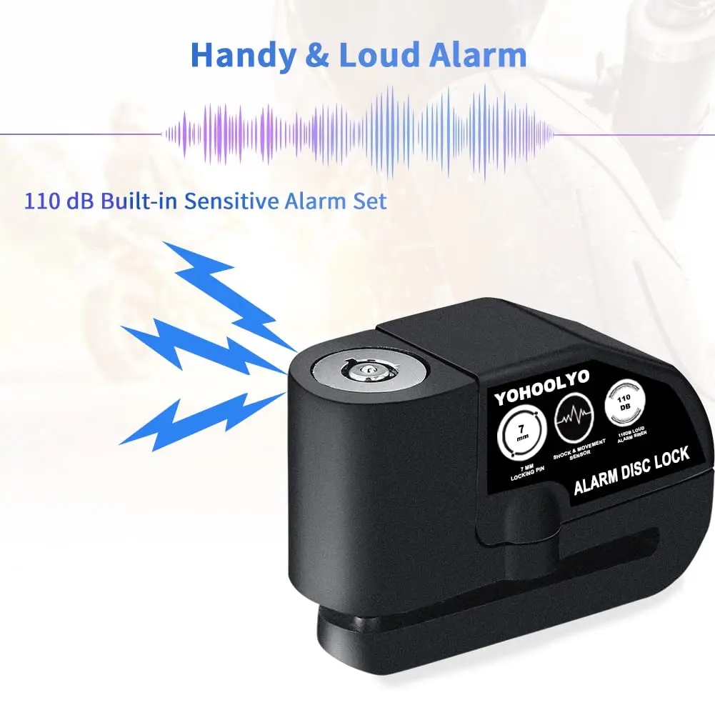 YOHOOLYO Black Alarm Disc Lock for Motorcycles & Scooters | 7mm Pin, 110dB Alarm, 5ft Reminder Cable - view 4