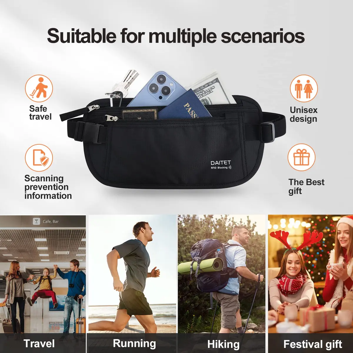 DAITET RFID Blocking Money Belt Passport Holder with Hidden Travel Wallet & Fanny Pack (Black, 27.9 cm x 14 cm) - view 5