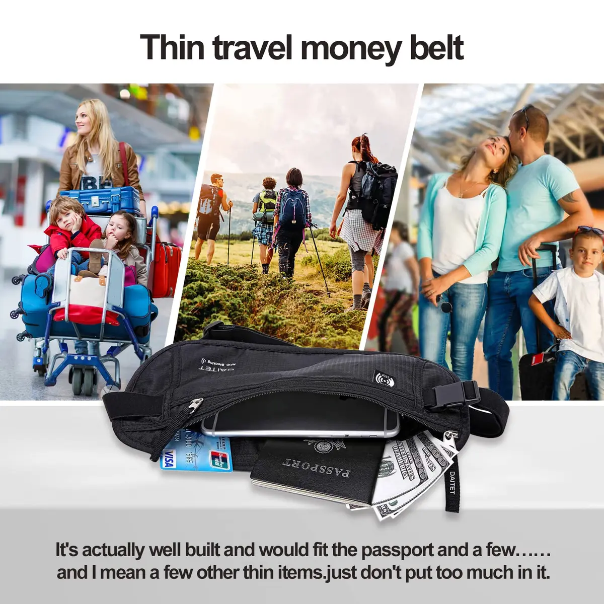 DAITET RFID Blocking Money Belt Passport Holder with Hidden Travel Wallet & Fanny Pack (Black, 27.9 cm x 14 cm) - view 7