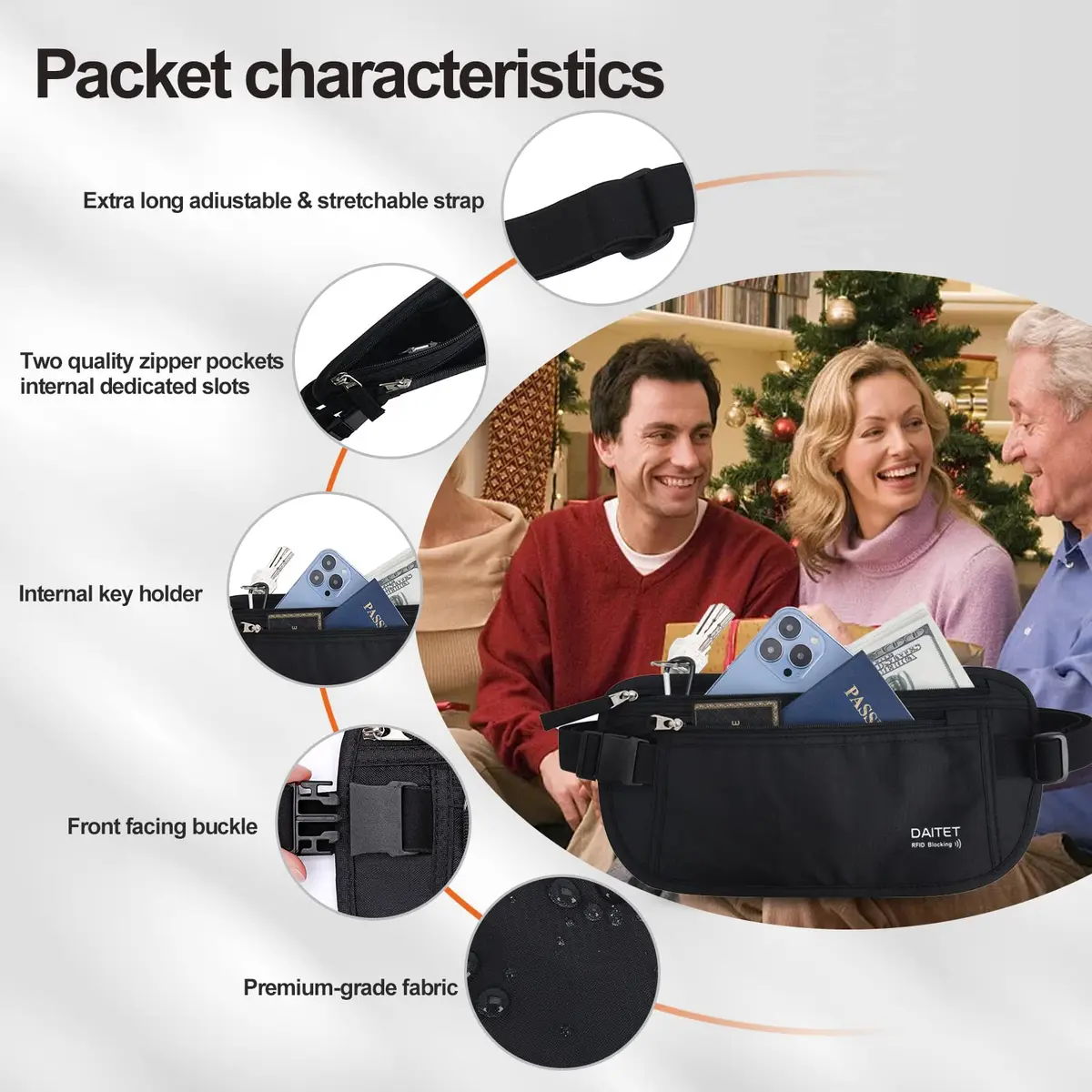 DAITET RFID Blocking Money Belt Passport Holder with Hidden Travel Wallet & Fanny Pack (Black, 27.9 cm x 14 cm) - view 8