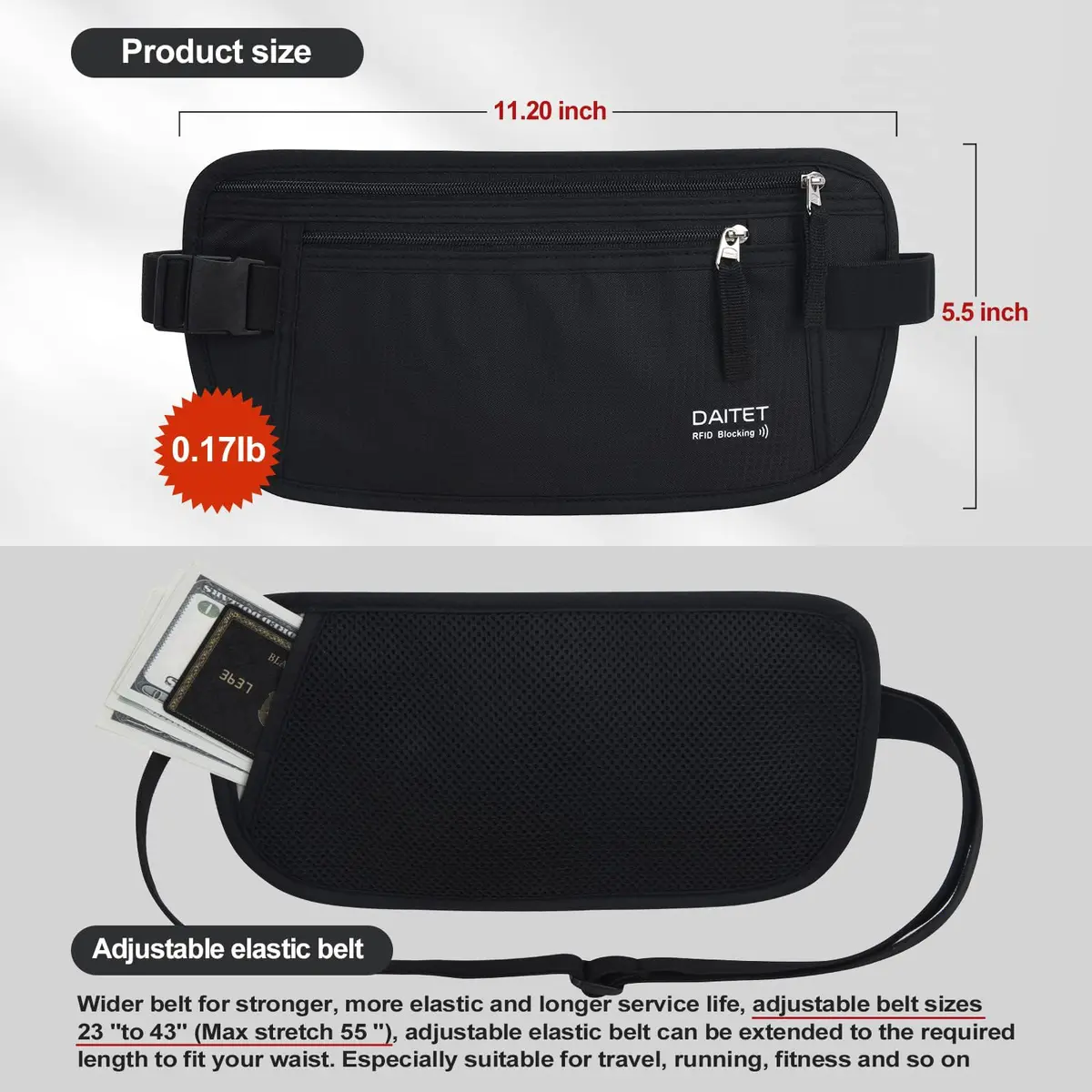 DAITET RFID Blocking Money Belt Passport Holder with Hidden Travel Wallet & Fanny Pack (Black, 27.9 cm x 14 cm) - view 4