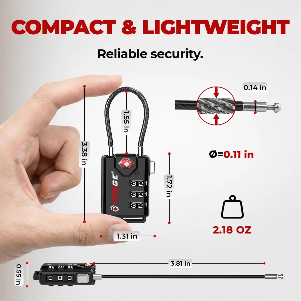 Forge TSA Approved Luggage Locks 2 Pack | Durable Zinc Alloy Body & Flexible Cable - view 6