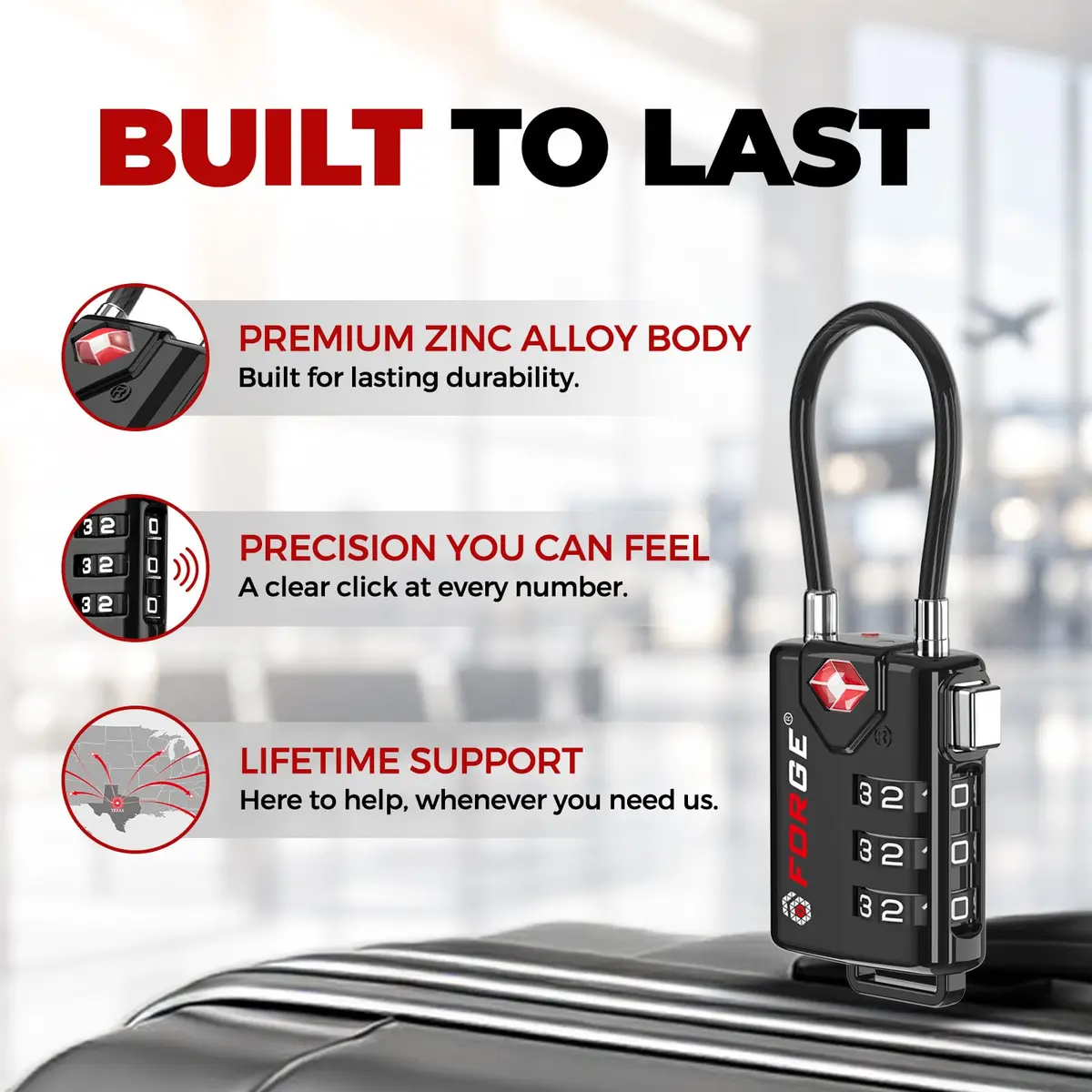 Forge TSA Approved Luggage Locks 2 Pack | Durable Zinc Alloy Body & Flexible Cable - view 4