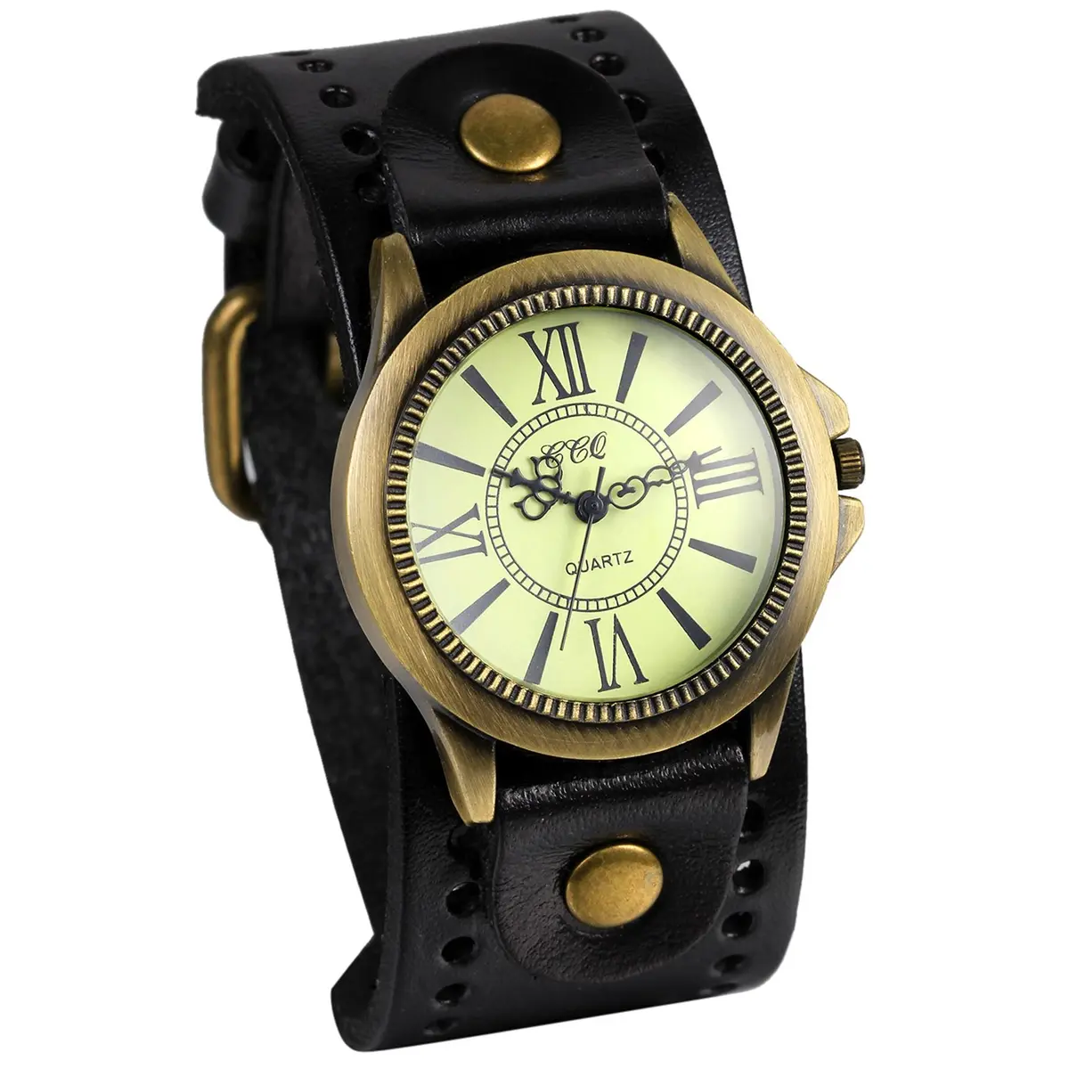 JewelryWe Vintage Leather Cuff Watch Punk Analog Quartz Wristwatch | Retro Punk Style, Adjustable 7.5-8.7 Inch Band - main product image