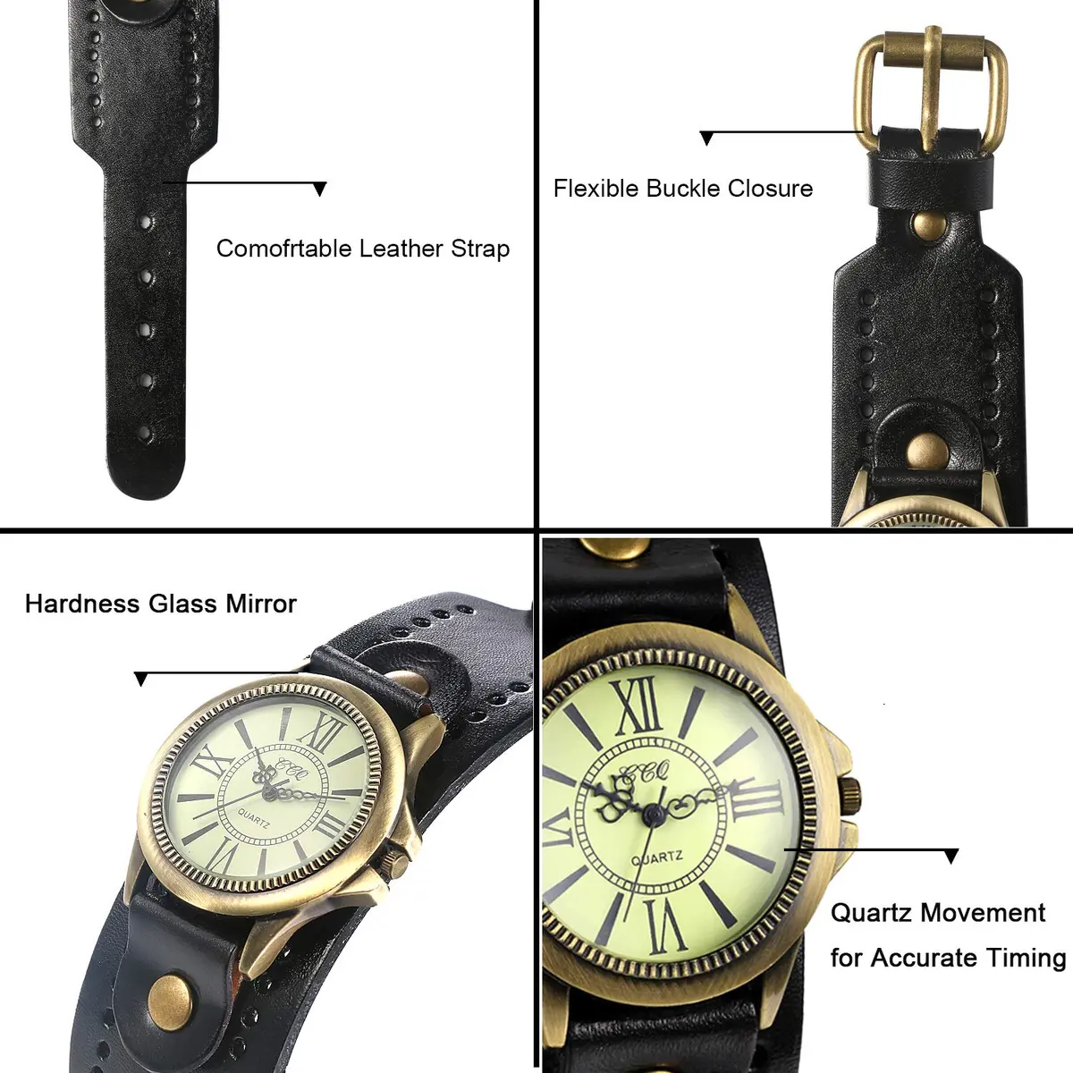 JewelryWe Vintage Leather Cuff Watch Punk Analog Quartz Wristwatch | Retro Punk Style, Adjustable 7.5-8.7 Inch Band - view 5