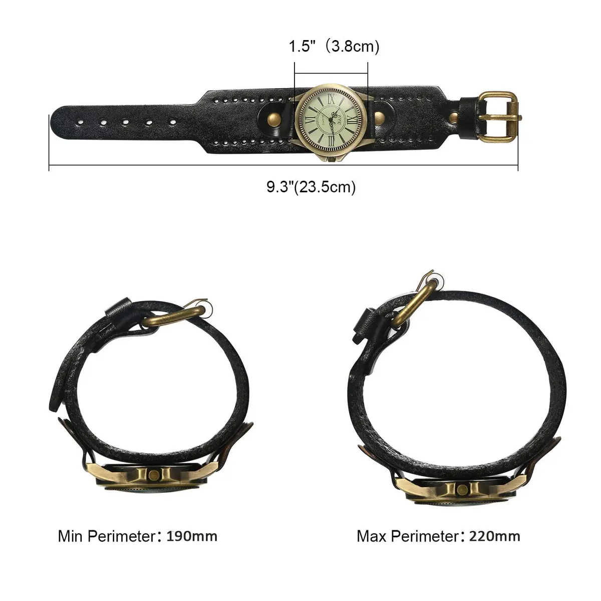 JewelryWe Vintage Leather Cuff Watch Punk Analog Quartz Wristwatch | Retro Punk Style, Adjustable 7.5-8.7 Inch Band - view 6