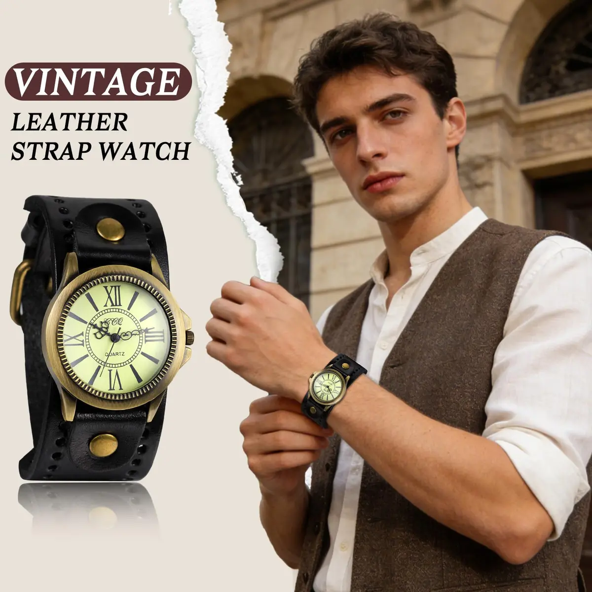 JewelryWe Vintage Leather Cuff Watch Punk Analog Quartz Wristwatch | Retro Punk Style, Adjustable 7.5-8.7 Inch Band - view 7