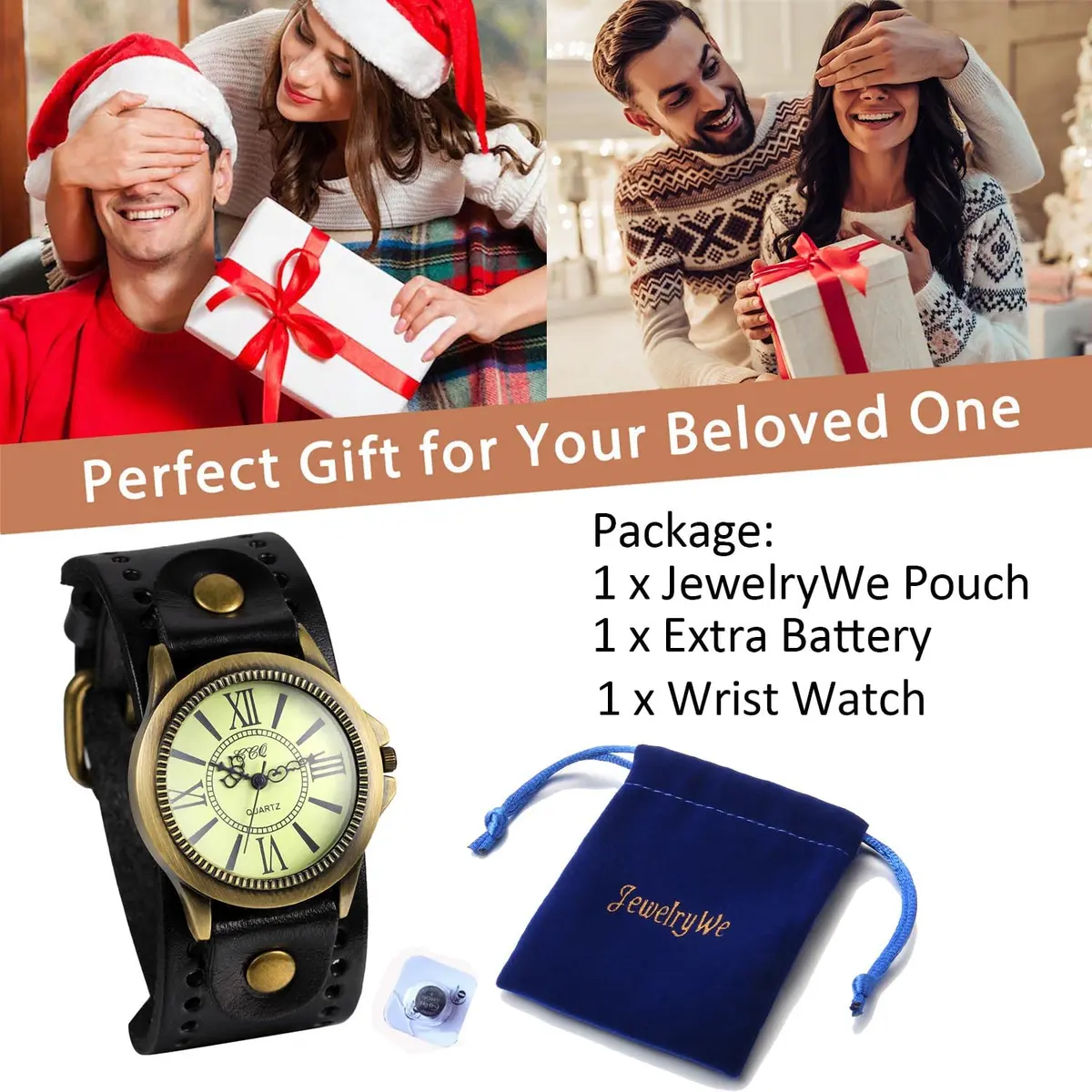 JewelryWe Vintage Leather Cuff Watch Punk Analog Quartz Wristwatch | Retro Punk Style, Adjustable 7.5-8.7 Inch Band - view 8