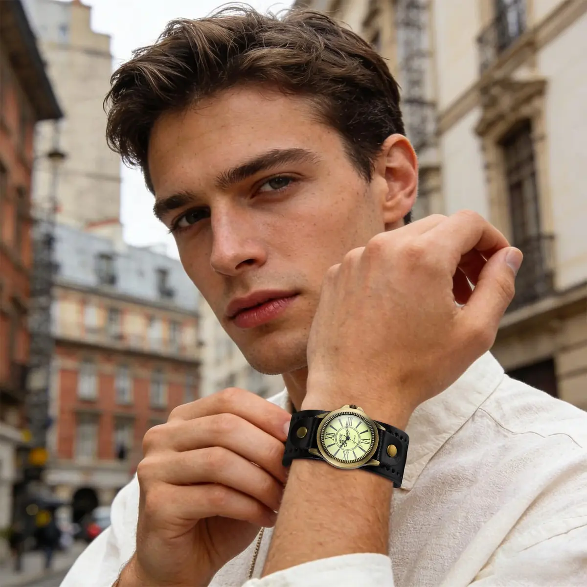 JewelryWe Vintage Leather Cuff Watch Punk Analog Quartz Wristwatch | Retro Punk Style, Adjustable 7.5-8.7 Inch Band - view 2