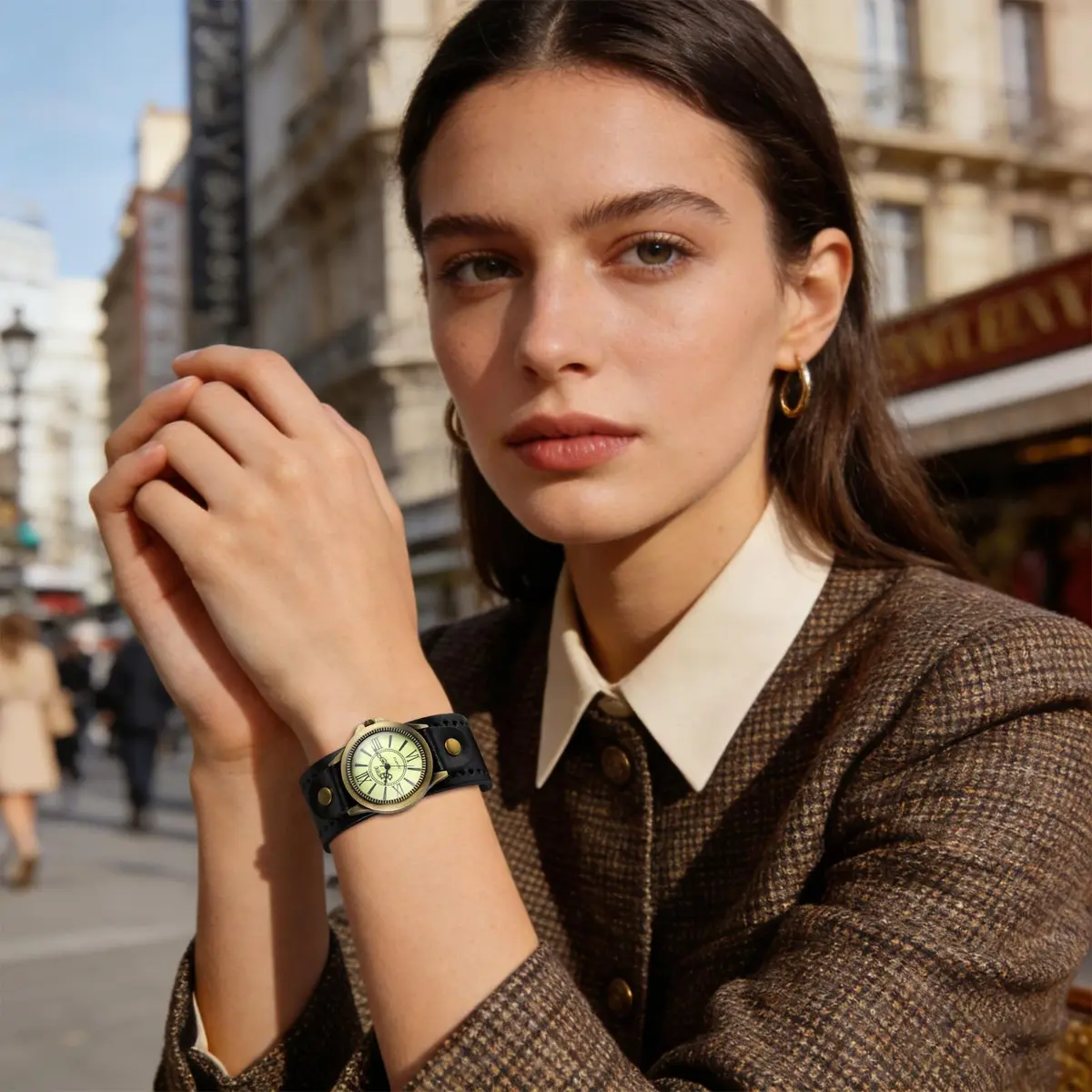 JewelryWe Vintage Leather Cuff Watch Punk Analog Quartz Wristwatch | Retro Punk Style, Adjustable 7.5-8.7 Inch Band - view 3