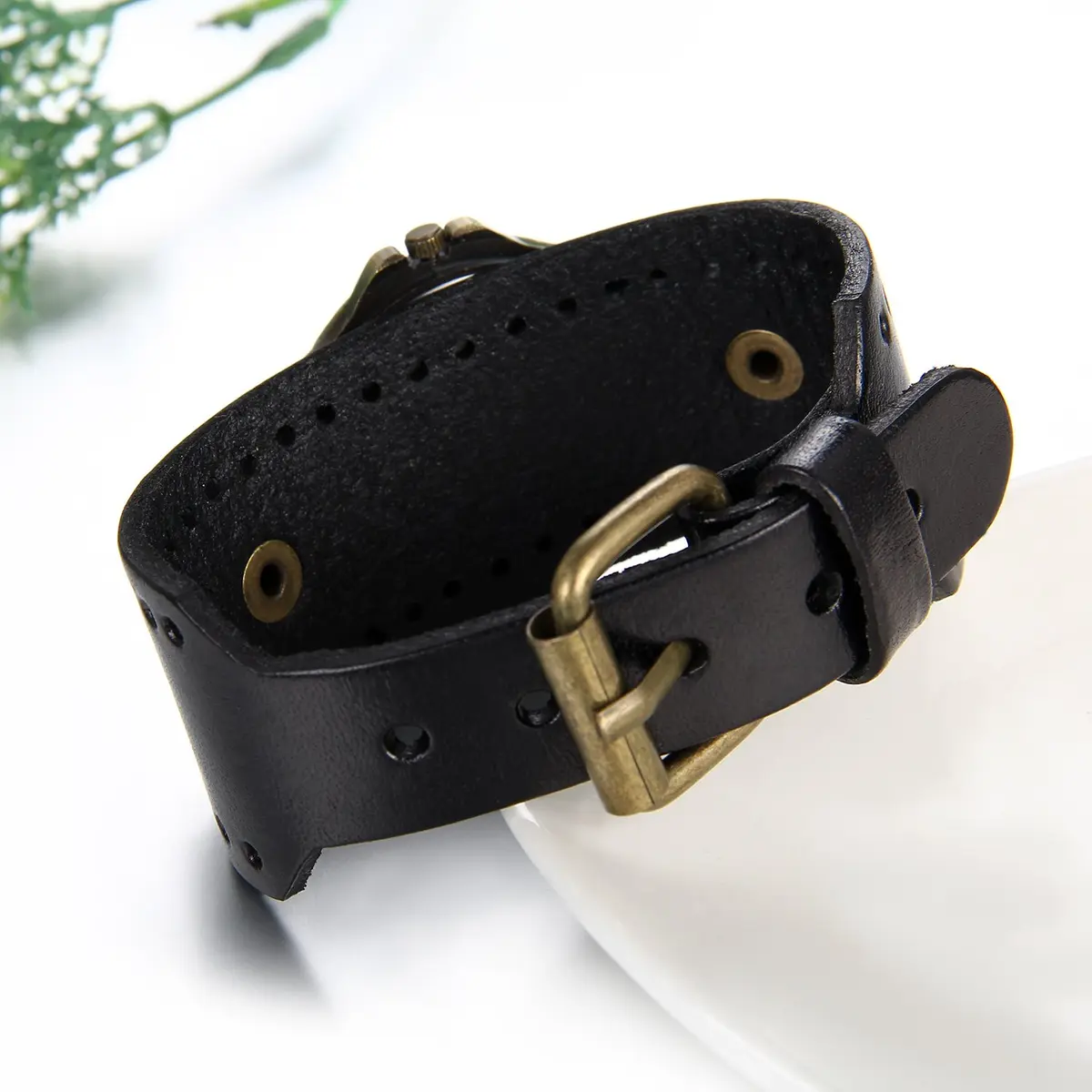JewelryWe Vintage Leather Cuff Watch Punk Analog Quartz Wristwatch | Retro Punk Style, Adjustable 7.5-8.7 Inch Band - view 4