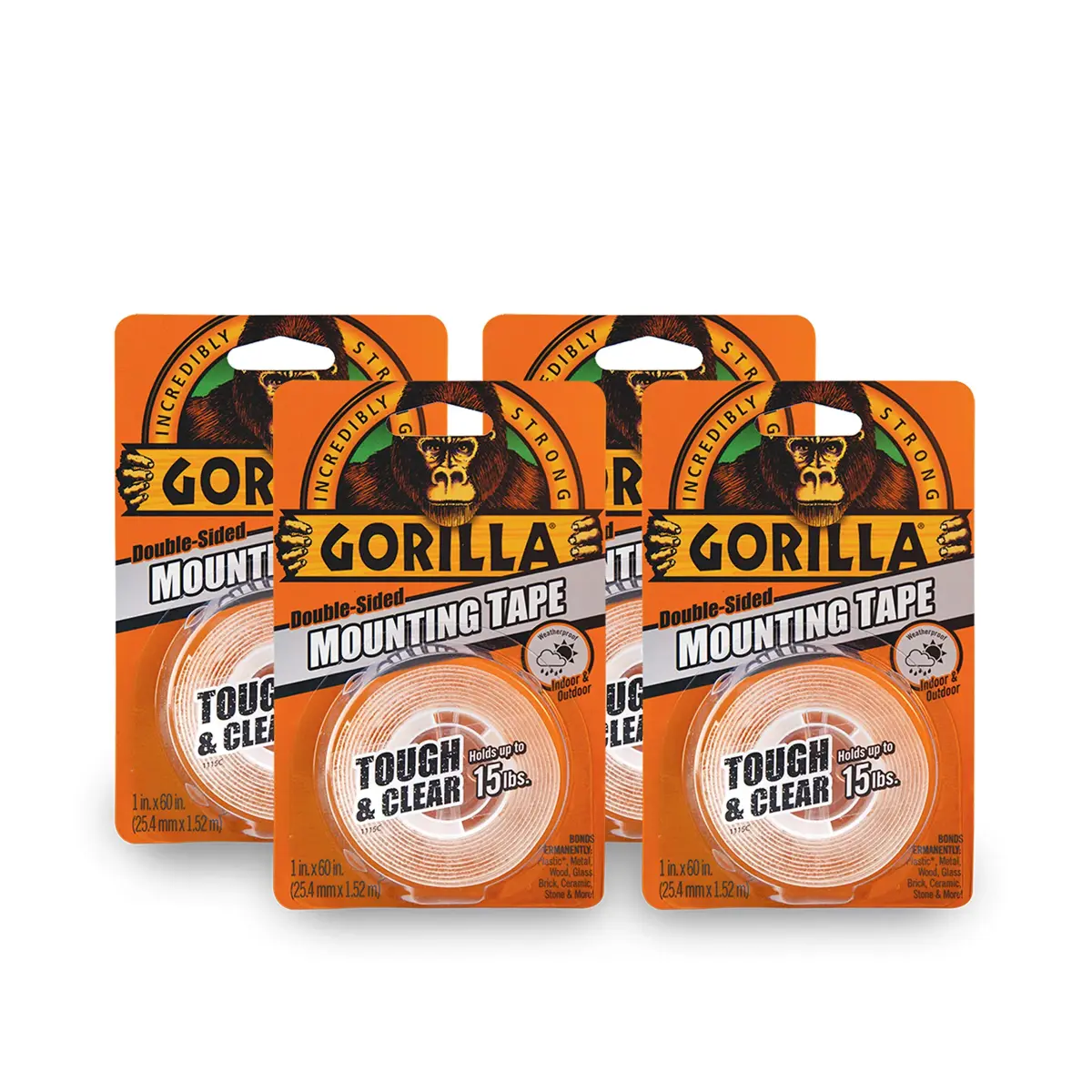 Gorilla Tough & Clear Double Sided Mounting Tape 1" x 60" Clear (Pack of 4) | Weatherproof Polyurethane Tape - main product image