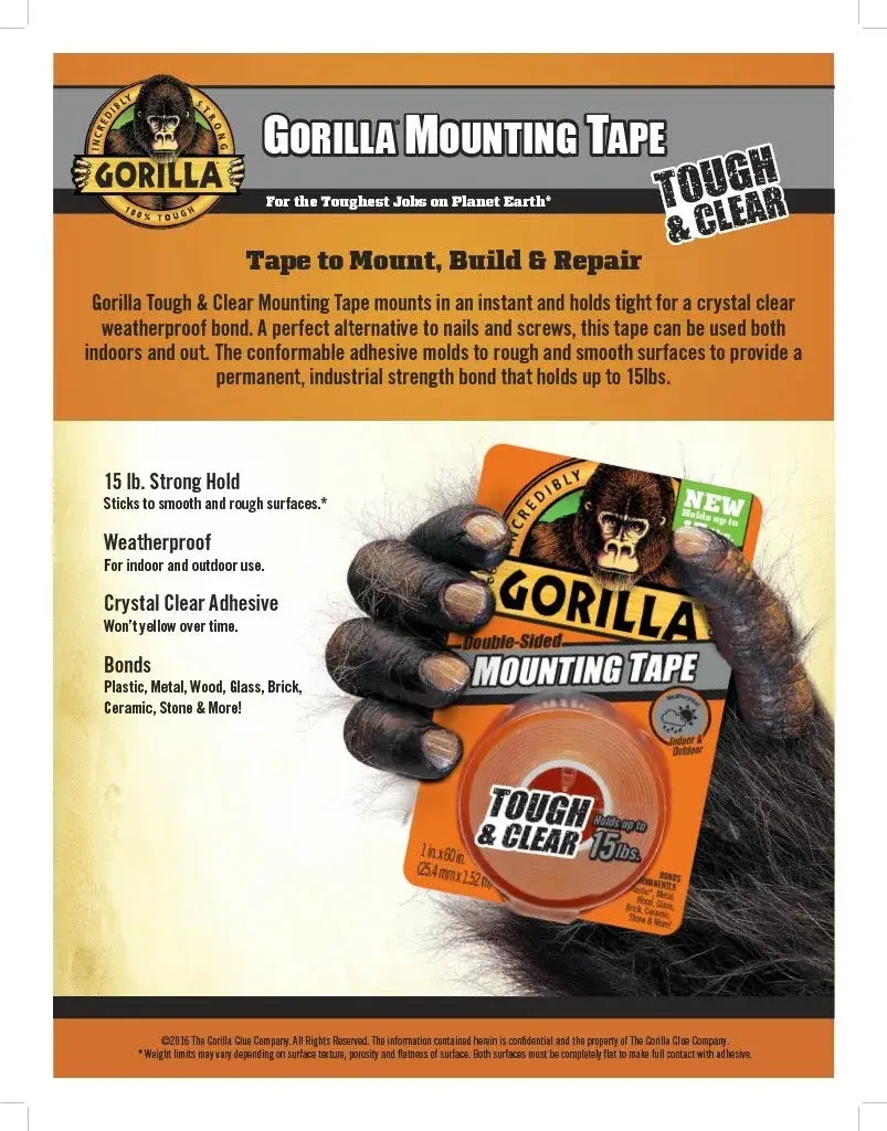 Gorilla Tough & Clear Double Sided Mounting Tape 1" x 60" Clear (Pack of 4) | Weatherproof Polyurethane Tape - view 2