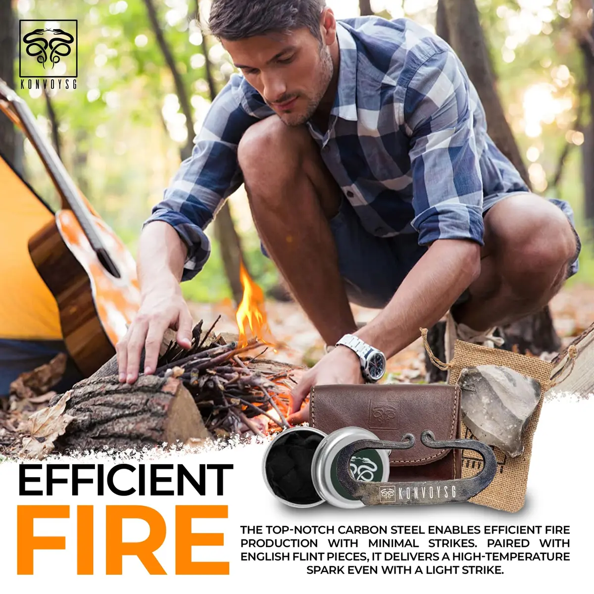 KonvoySG The Artisan Heritage Fire Kit – Hand-Forged Carbon Steel & English Flint | Primitive Firecraft in Leather Pouch - view 2