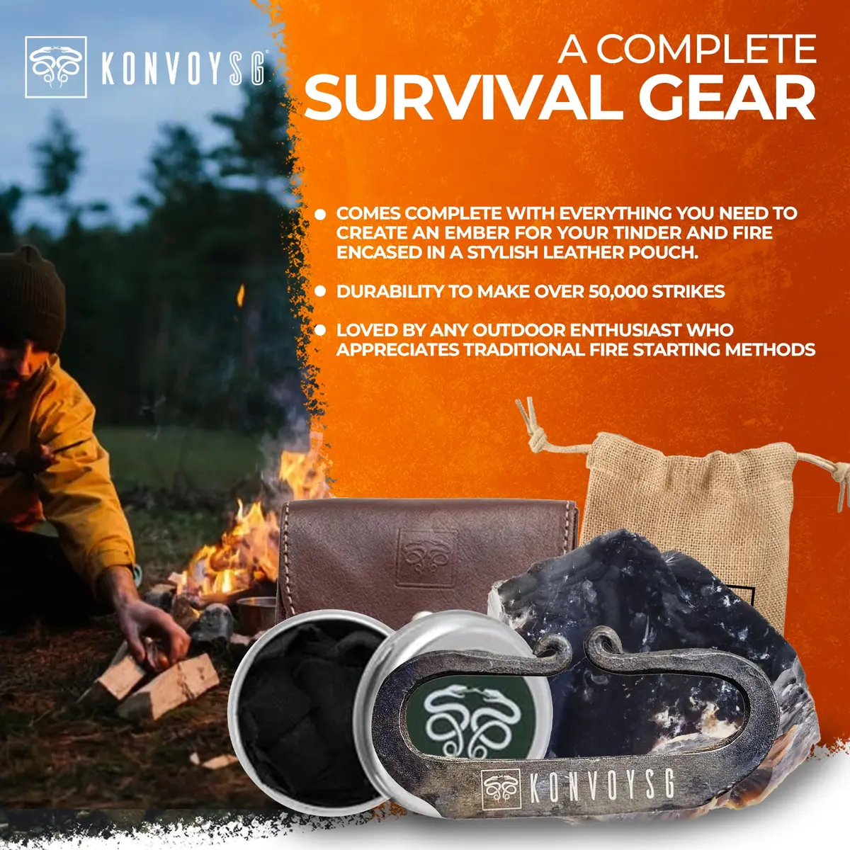 KonvoySG The Artisan Heritage Fire Kit – Hand-Forged Carbon Steel & English Flint | Primitive Firecraft in Leather Pouch - view 3