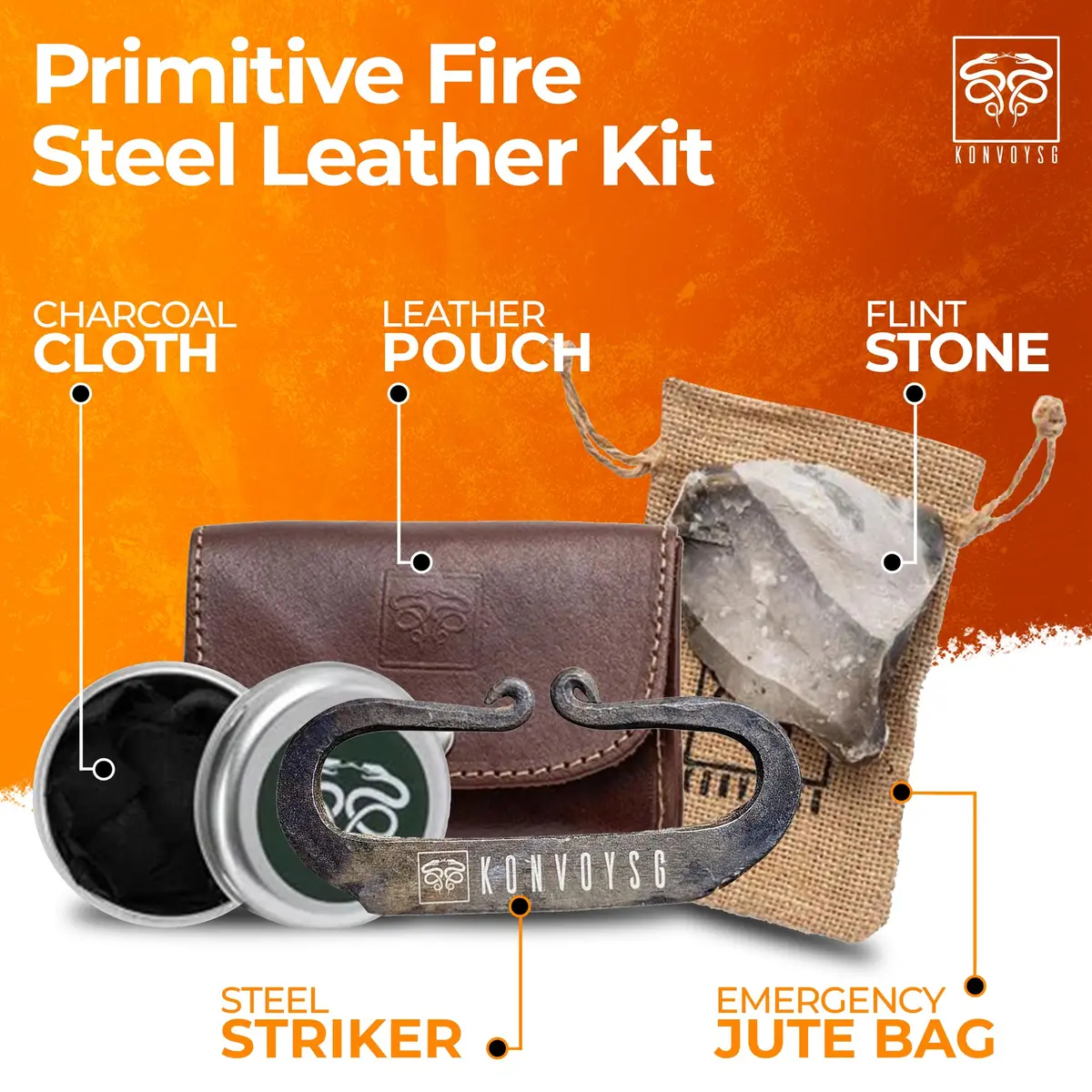 KonvoySG The Artisan Heritage Fire Kit – Hand-Forged Carbon Steel & English Flint | Primitive Firecraft in Leather Pouch - view 4