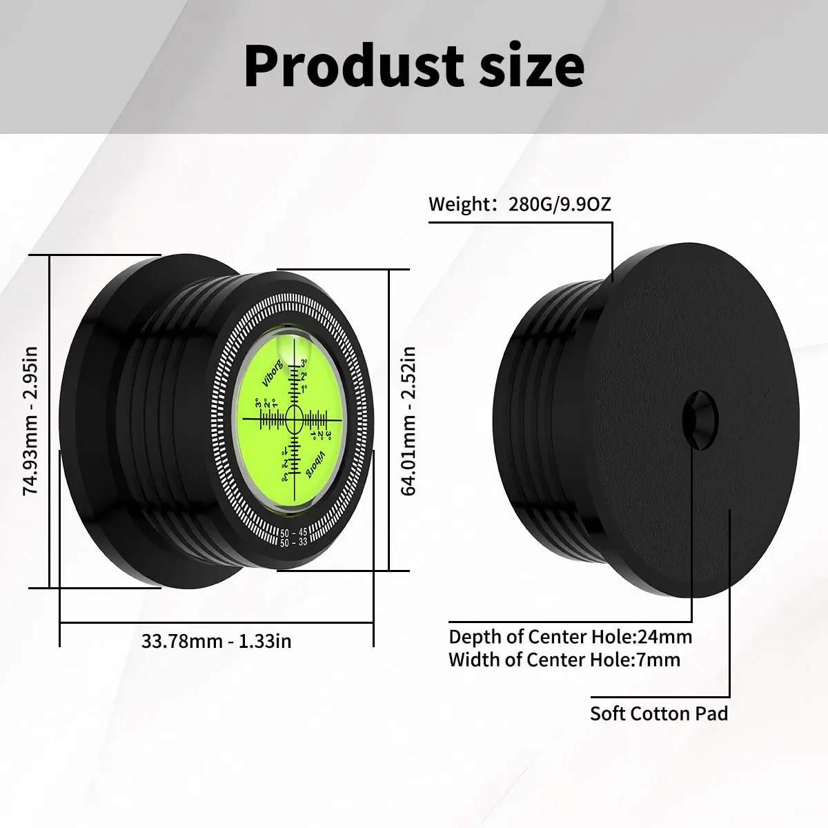Viborg LP528B Record Weight 280g (9.9 oz) | Black HiFi 3-in-1 Vinyl Clamp with Bubble Level - view 2