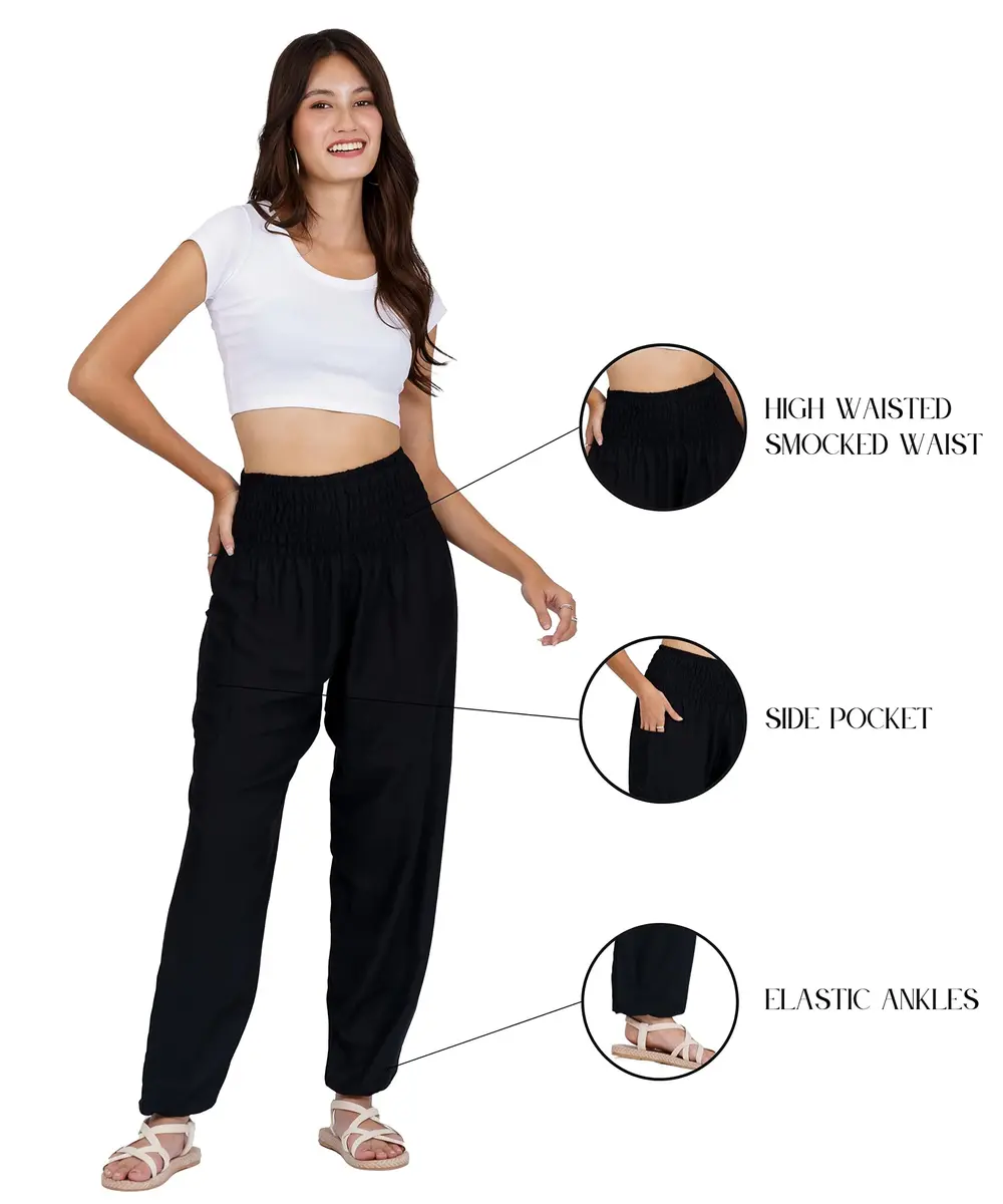 LOFBAZ Harem Pants for Women Yoga Boho Hippie Flowy Summer Clothing Womens Palazzo Bohemian Pajama Beach Indian Gypsy Clothes Solid 1 Black L | Comfortable & Versatile - view 3