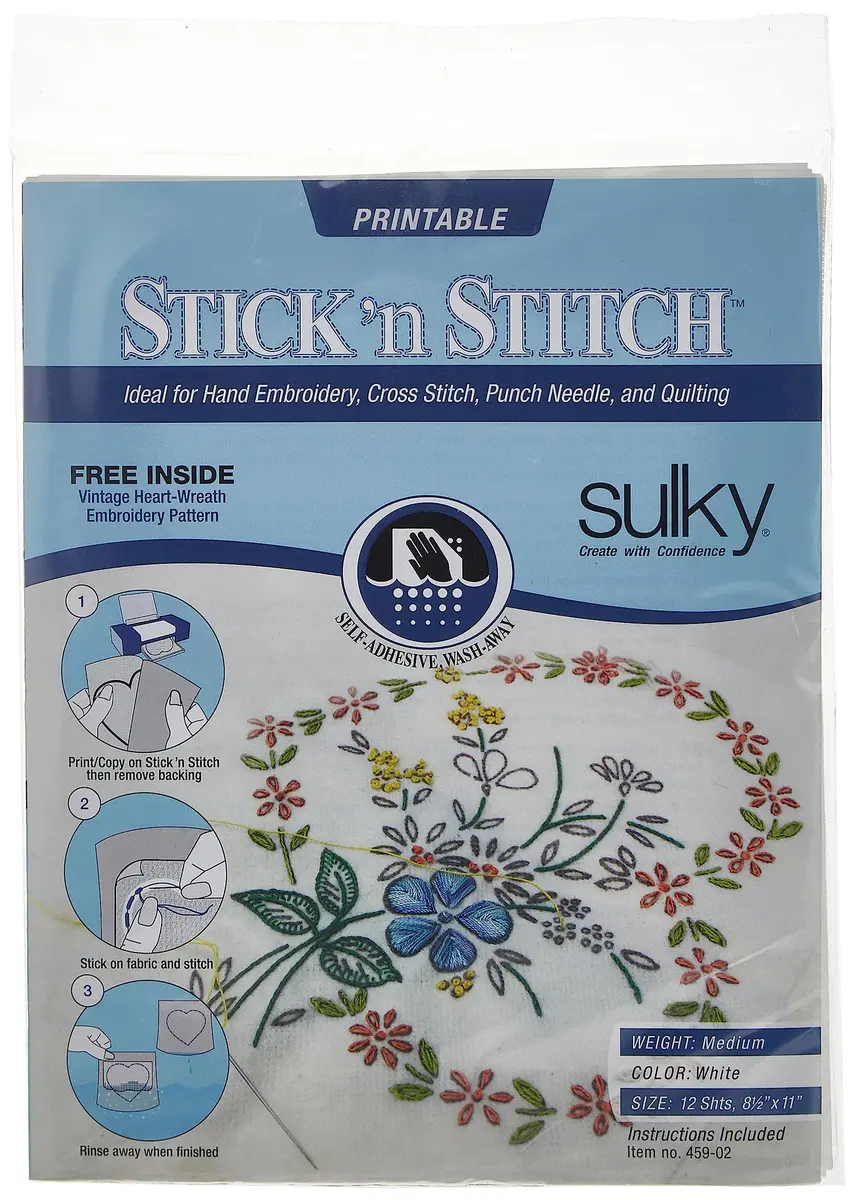 Sulky Stick 'n Stitch Printable Stabilizer Sheets 12/Pkg-White, 21.6 cm x 27.9 cm (8.5"x11") | Easy Wash-Away Stabilizer for Embroidery - main product image